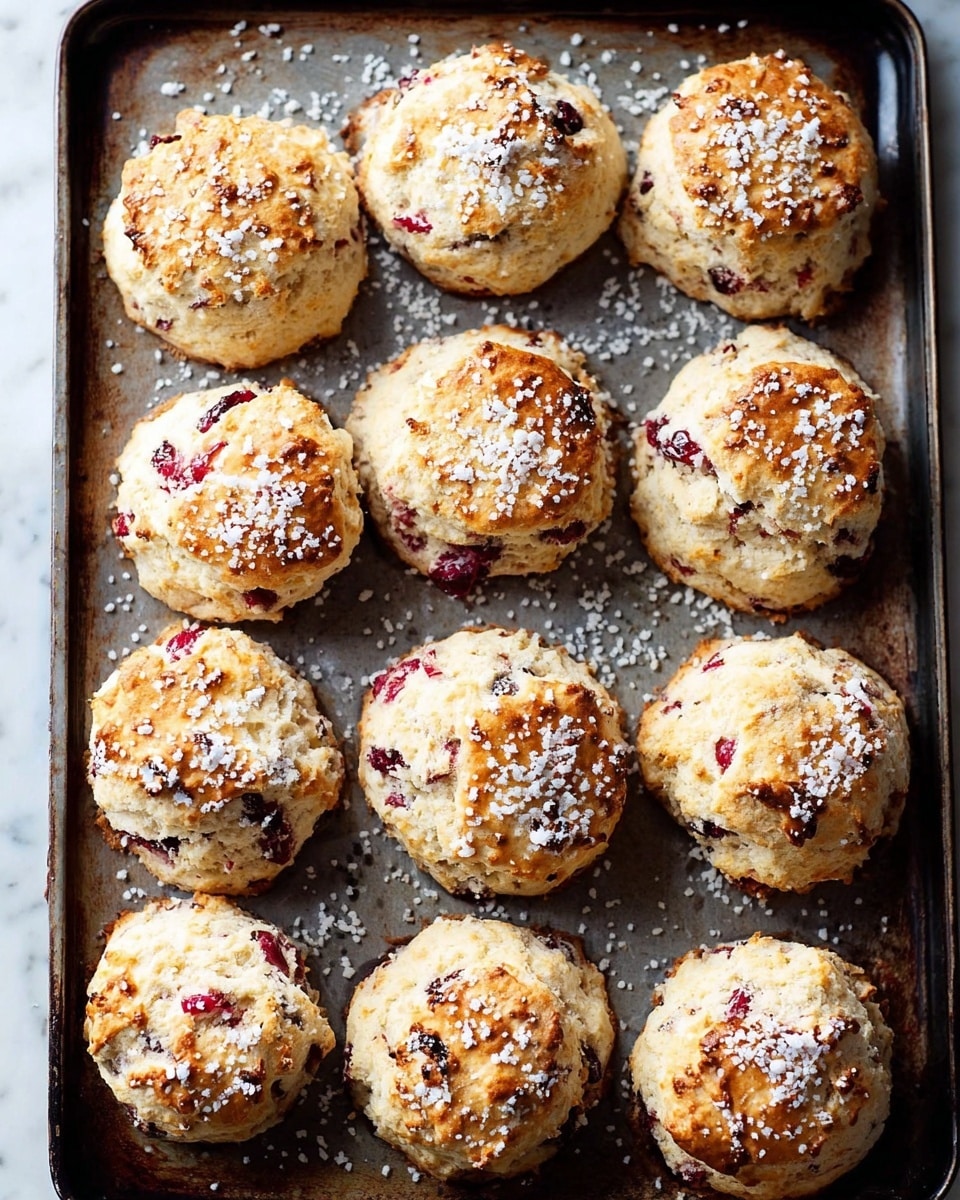 A baking tray filled with golden brown scones baked with pieces of red fruit inside, each scone round and slightly cracked on top, sprinkled generously with white coarse sugar crystals. The texture looks soft and crumbly with small dark spots from the fruit scattered throughout. The baking tray has slight burnt spots on it, showing use, and everything is placed on a white marbled surface. photo taken with an iphone --ar 4:5 --v 7