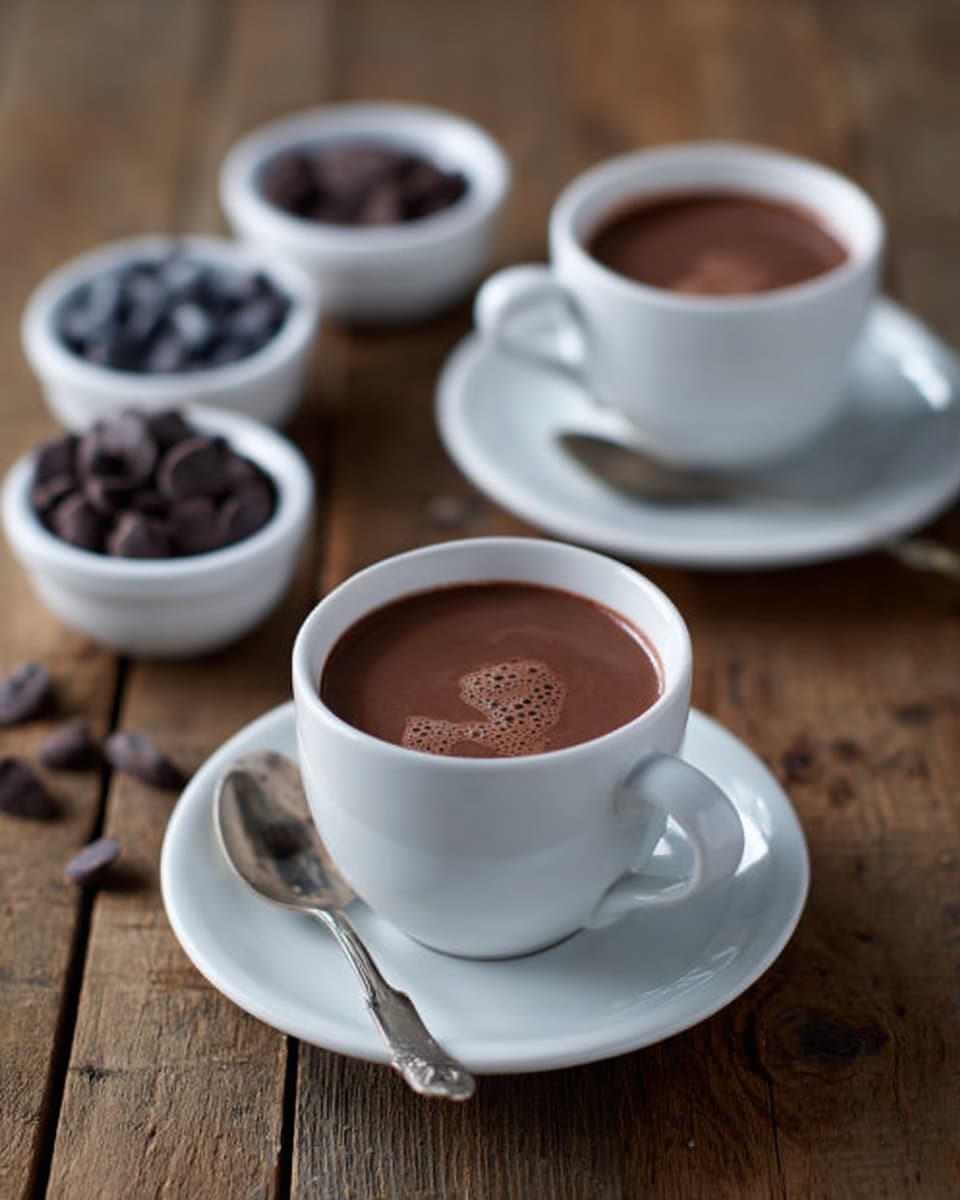 The image shows two white cups filled with rich brown hot chocolate, each placed on a white saucer. A silver spoon lies diagonally on each saucer next to the cup. Around the cups, there are small white bowls filled with dark chocolate chips. The setup is on a wooden table with a simple rustic look. The photo has soft natural light giving a warm feeling. photo taken with an iphone --ar 4:5 --v 7
