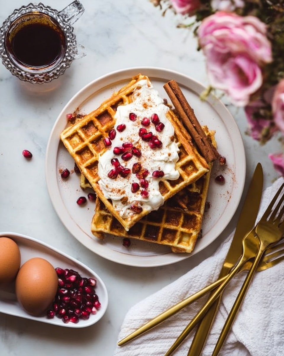 The image shows a white plate with three golden-brown waffles stacked unevenly. The top waffle has a thick layer of white cream spread on it with small red pomegranate seeds scattered on top and around. A single cinnamon stick rests on the right side of the waffles. In the background, there is a rectangular white plate containing a glass cup filled with dark syrup and more pomegranate seeds spilling from the edge. Two brown eggs lie near a white cloth napkin with three gold forks lying on it. The scene is set on a white marbled texture surface with pink flowers visible in the upper right corner. Photo taken with an iphone --ar 4:5 --v 7