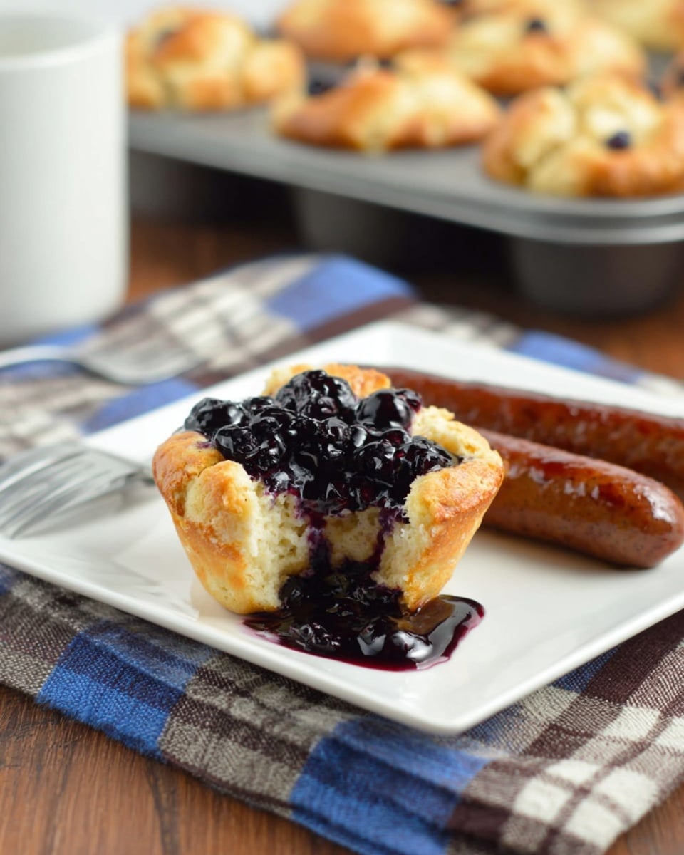 The image shows a white square plate on a white marbled surface, with a single golden brown muffin broken in half, topped with a glossy dark purple blueberry sauce that drips onto the plate. Next to the muffin are two well-cooked, shiny brown sausages. Behind the plate, a silver fork rests on a blue, white, and brown plaid cloth. In the background, there is a muffin tin with more muffins, golden brown with darker spots, slightly blurred out. photo taken with an iphone --ar 4:5 --v 7
