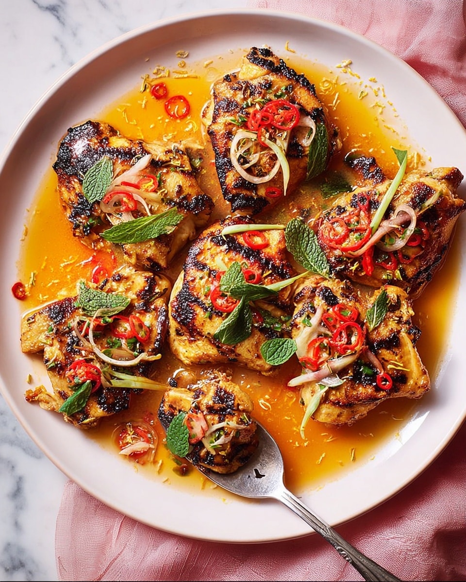 A white plate holds six pieces of grilled chicken with dark char marks and a golden-brown surface, each piece topped with thin slices of red chili, curled light green and white scallions, and small fresh mint leaves. The chicken sits in a shallow pool of glossy orange sauce, with some scattered finely grated yellow zest adding texture. A silver spoon rests under the leftmost piece of chicken, partially lifting it from the plate. The background is a white marbled texture with a soft pink fabric partially visible under the plate on the right side. photo taken with an iphone --ar 4:5 --v 7