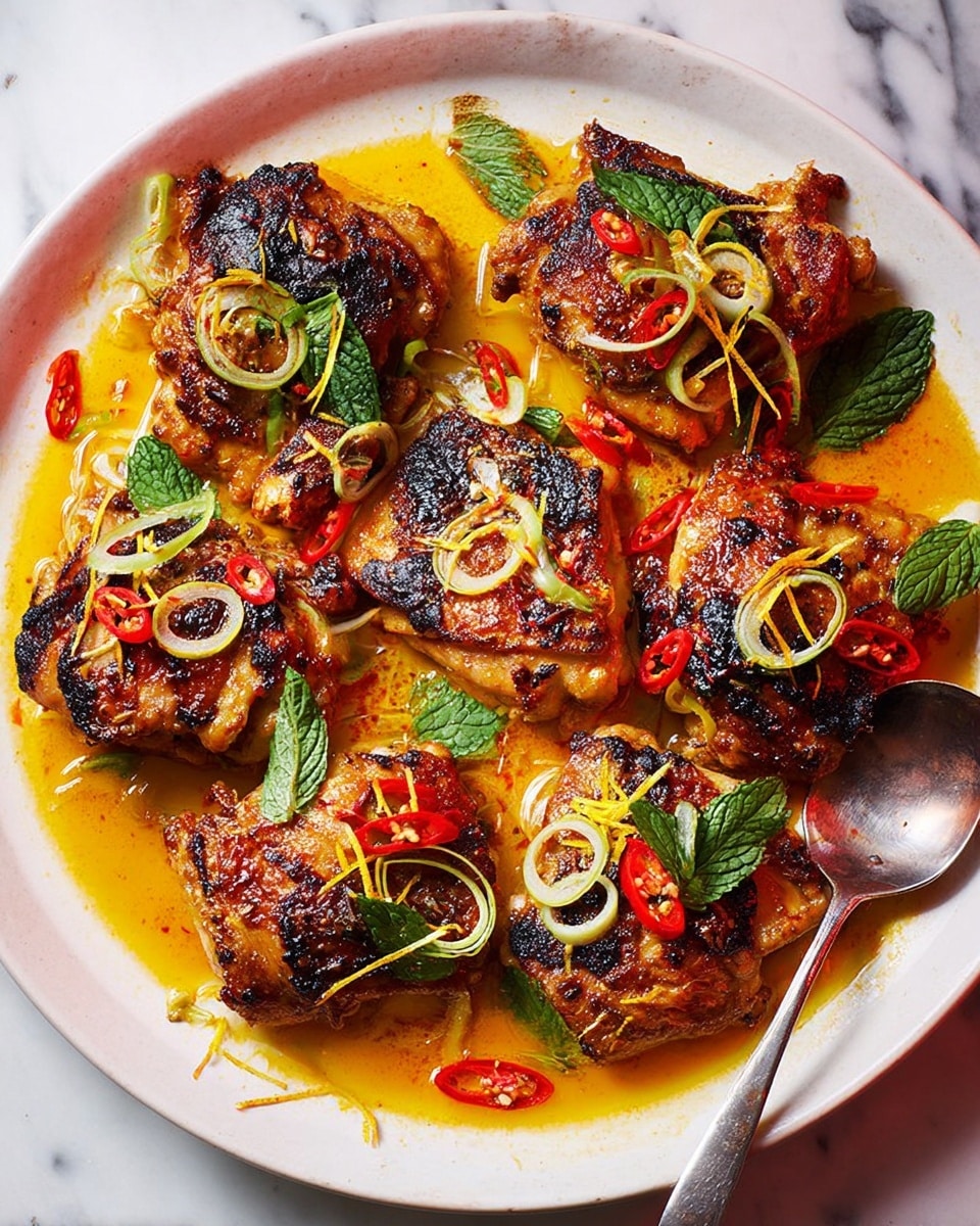 A white plate with seven pieces of grilled chicken thighs, each piece showing a golden-brown color with charred black grill marks on the skin. The chicken sits in a shallow pool of orange-yellow sauce that glistens around the meat. Scattered over the chicken are thin white and green rings of sliced scallions, bright red slices of chili, and fresh green mint leaves. Thin yellow zest strands are sprinkled over the dish, adding texture and color contrast. A metallic spoon rests on the plate beneath one chicken piece. The plate is set on a white marbled surface. photo taken with an iphone --ar 4:5 --v 7