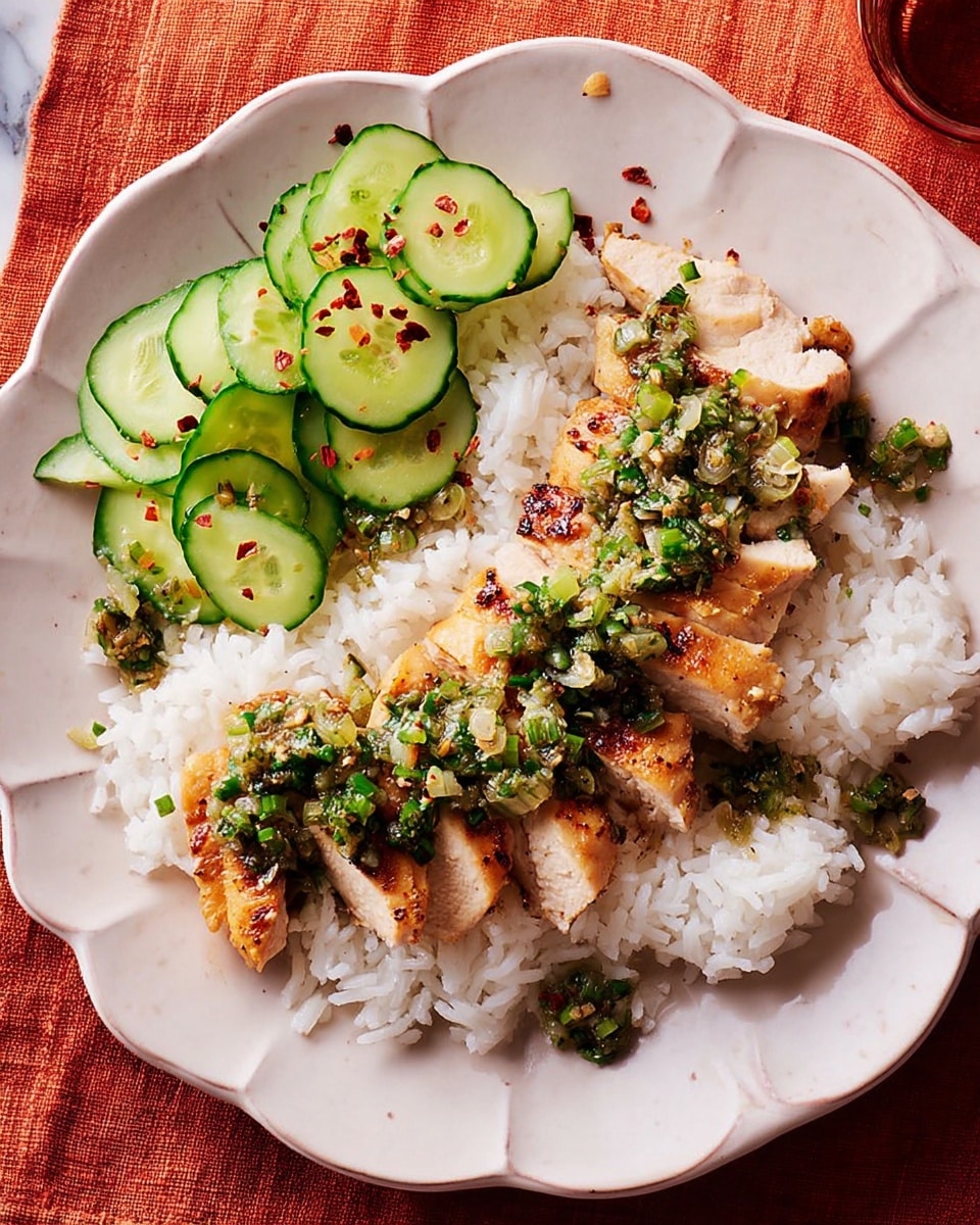 A white scalloped plate holds a bed of white sticky rice as the base layer, with sliced grilled chicken breast placed on top in the center. The chicken pieces are golden brown with a slight char and are garnished with finely chopped green herbs and small red chili flakes. To the upper left side of the plate, there are thick slices of dark green cucumber with a glossy texture, also sprinkled lightly with red chili flakes. The whole dish rests on a white marbled surface with a soft orange cloth partially visible underneath. photo taken with an iphone --ar 4:5 --v 7