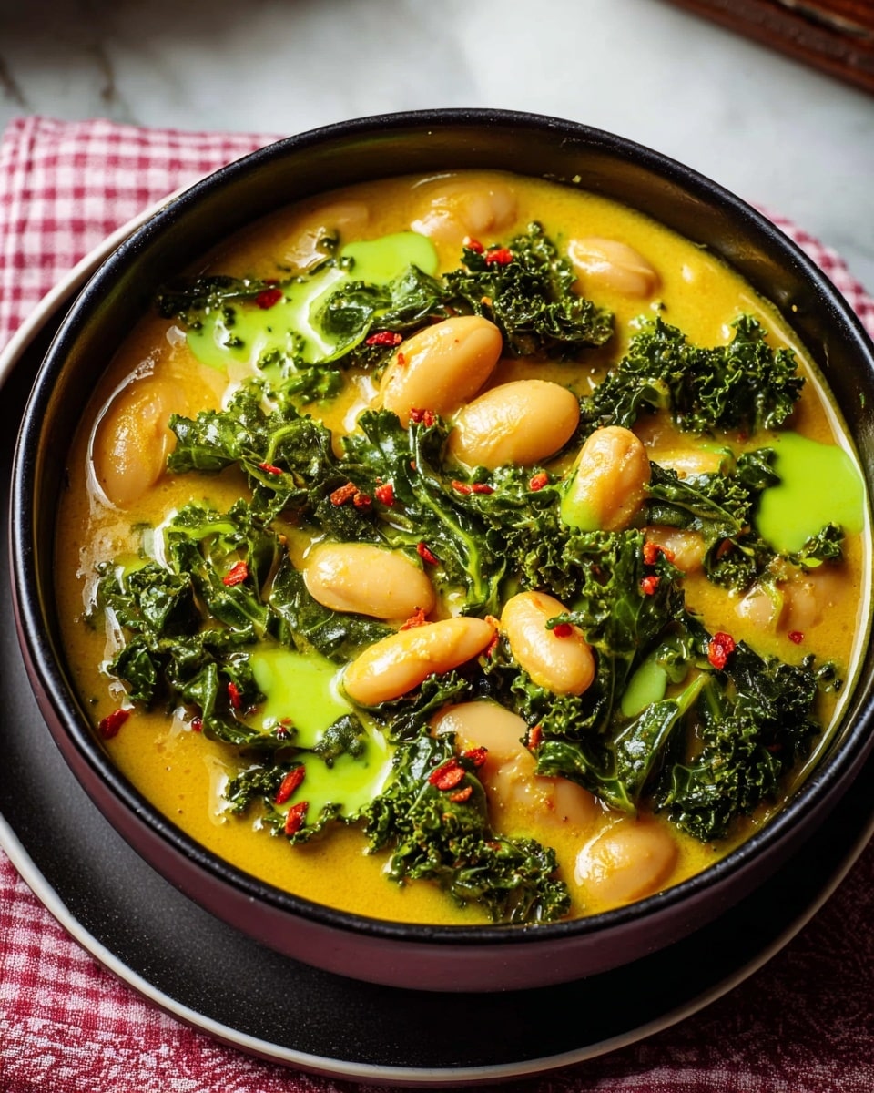 A close-up shot of a black bowl filled with thick yellow curry broth as the base layer. On top, there are large, pale orange beans scattered across, with rough green kale leaves mixed in evenly. Bright green sauce is drizzled in dollops over the beans and kale, with tiny red seeds sprinkled lightly on top. The black bowl sits on a white plate with a subtle red pattern underneath, all resting on a white marbled surface with a pink and white checkered cloth partially visible. photo taken with an iphone --ar 4:5 --v 7