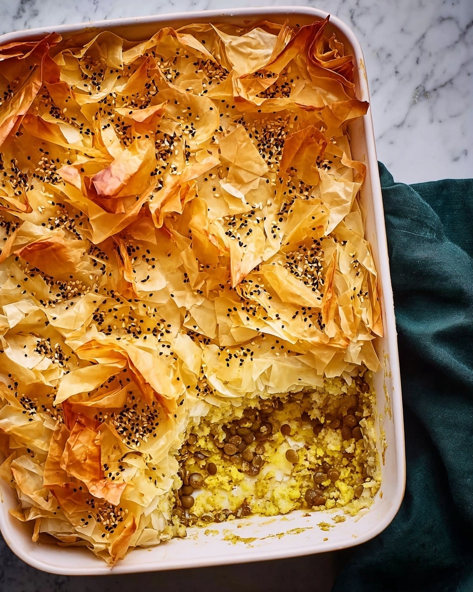 A white rectangular dish holds a layered baked dish with two visible layers. The top layer is made of crinkled, golden-brown, crispy phyllo dough sheets sprinkled with small black seeds, giving it a puffy and textured look. Beneath the crisp phyllo is a creamy, yellowish layer containing small cauliflower florets and green lentils mixed in soft sauce, partially shown at the bottom right where a piece is missing. The dish rests on a white marbled surface with a dark green cloth partially visible on the left. Photo taken with an iphone --ar 4:5 --v 7