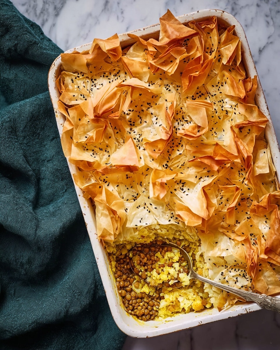 A rectangular white dish filled with a layered baked casserole. The top layer is made of crinkled, golden brown baked phyllo dough sheets, sprinkled with small black seeds. The layers beneath show a creamy yellow mixture with visible small cauliflower florets and lentils. The dish sits on a white marbled surface with a dark green cloth on the left side. Photo taken with an iphone --ar 4:5 --v 7