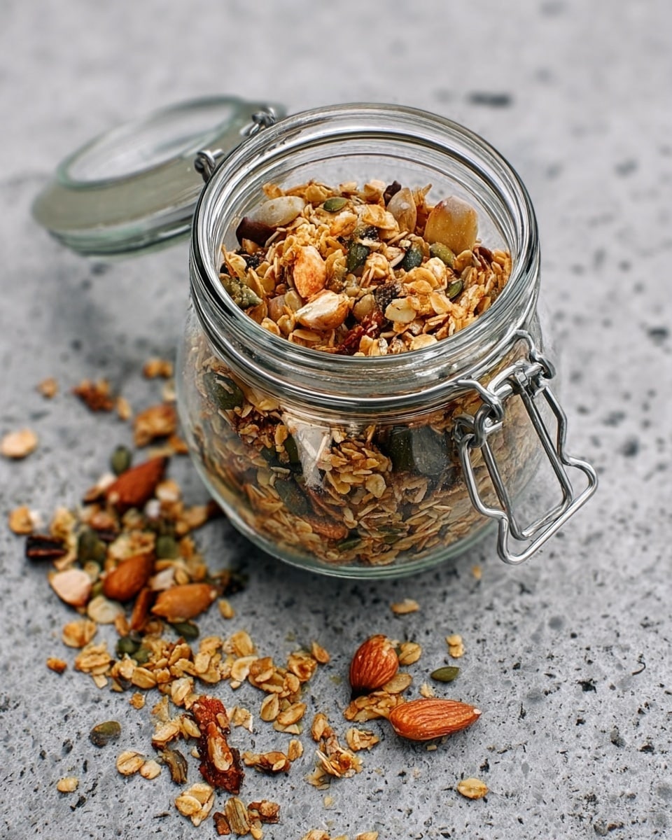 The image shows an open glass jar filled with crunchy granola that has a mix of light brown oats, darker nut pieces, and some pumpkin seeds scattered throughout. The jar is clear with a metal latch and sits on a white marbled surface, with some granola scattered around it. The jar’s lid is resting open to the side, revealing the textured granola inside. Photo taken with an iphone --ar 4:5 --v 7