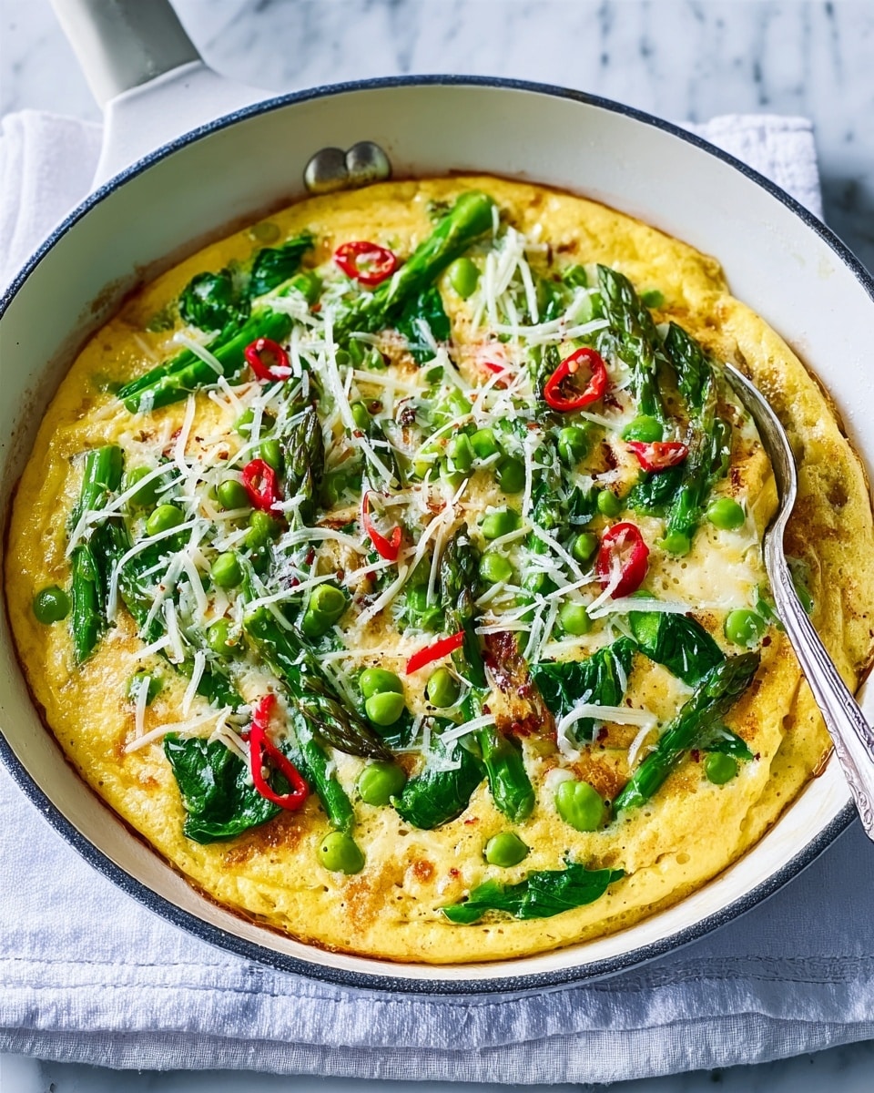 The image shows a white frying pan with a layered frittata dish. The base layer is a thick, yellow, fluffy egg mixture covering the entire pan. On top, there are bright green asparagus pieces and spinach leaves spread evenly, with some thin red chili slices adding small pops of color. Over the vegetables, there is a sprinkling of white shredded cheese melting slightly. The pan rests on a white cloth on a white marbled surface, and a silver spoon is placed inside the pan. photo taken with an iphone --ar 4:5 --v 7