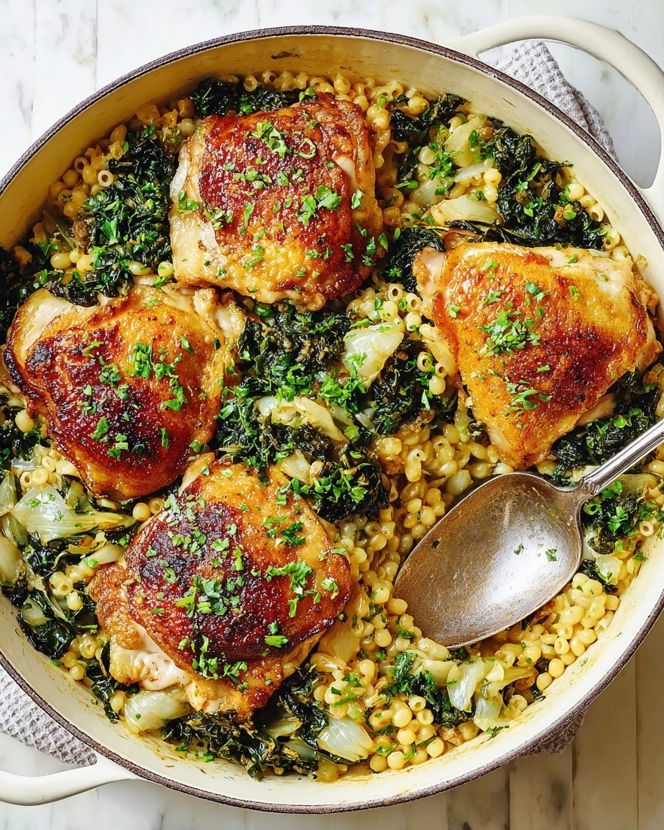 The image shows a white pot filled with a dish that has four golden-brown cooked chicken thighs looking crispy on top, placed above a layer of small yellow pasta mixed with dark green leafy vegetables. The chicken thighs are sprinkled with chopped green herbs. The pasta layer appears soft and slightly glossy, with some cooked onions mixed in. A silver spoon rests inside the pot on the right side, slightly lifting one chicken thigh. The pot sits on a white marbled surface. Photo taken with an iphone --ar 4:5 --v 7