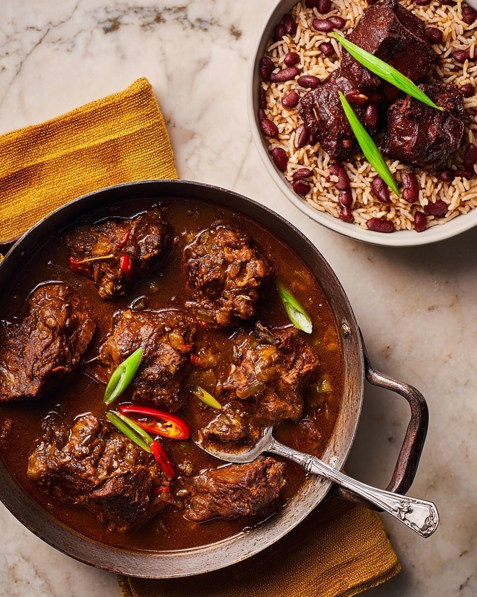 The image shows a metal pan filled with six large pieces of dark brown stewed meat in a thick, rich sauce with visible bits of spices and herbs, garnished with whole green onions and one small bright red pepper on the left side. Above the pan, there is a white bowl filled with a mix of cooked rice and dark red beans, topped with three pieces of the same brown stewed meat and garnished with a green onion leaf. A metal spoon rests inside the pan, and a mustard yellow cloth is placed beneath the pan handle. The scene is set on a white marbled surface. photo taken with an iphone --ar 4:5 --v 7