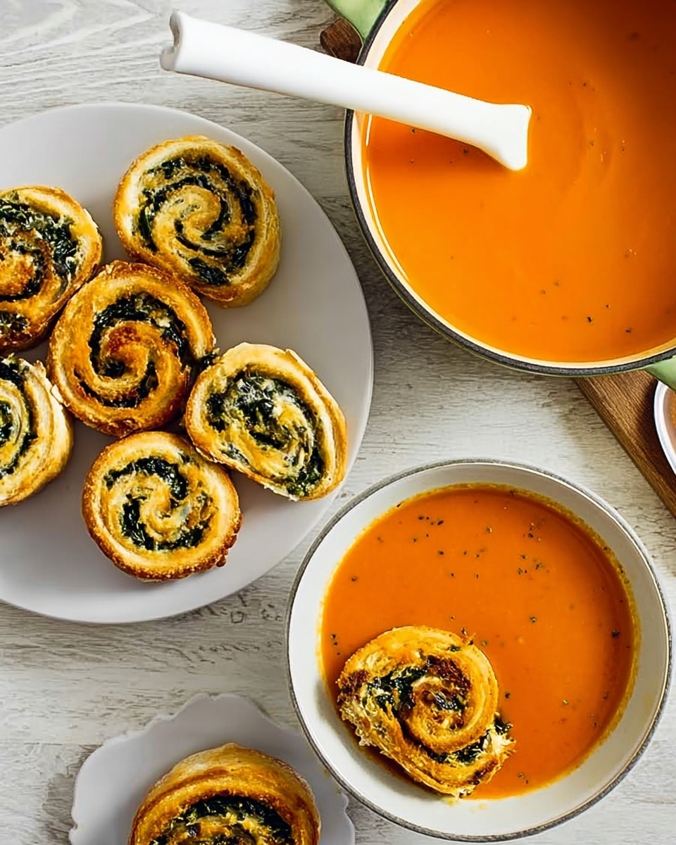 The image shows a white bowl filled with smooth, bright orange soup, placed on a white marbled surface. Next to it, there is a white plate holding several spiral-shaped pastries with golden brown crusts and visible green spinach and melted cheese layers inside each roll. Some cut pieces of the pastry show the inside layers clearly, revealing dark green leafy spinach and gooey melted cheese. A pot with the same orange soup is nearby with a white ladle resting inside it. The overall setting is clean, light, and simple with focus on the vibrant soup and the stuffed pastries. photo taken with an iphone --ar 4:5 --v 7