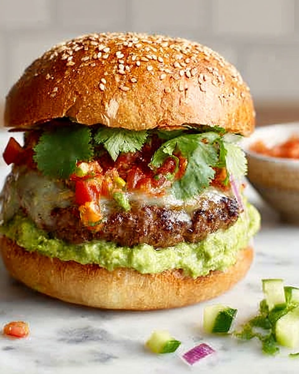 A close-up of a tall burger with a sesame seed bun, the bottom bun holding a layer of bright green guacamole spread evenly, topped with diced red tomatoes. Above that, there is a thick beef patty covered with melted white cheese. On top of the cheese, bright green cilantro leaves and a bit of red sauce or salsa peek out from under the top bun, which is light golden brown with sesame seeds. The burger sits on a white marbled surface with some small pieces of diced cucumber and pepper nearby. Photo taken with an iphone --ar 4:5 --v 7
