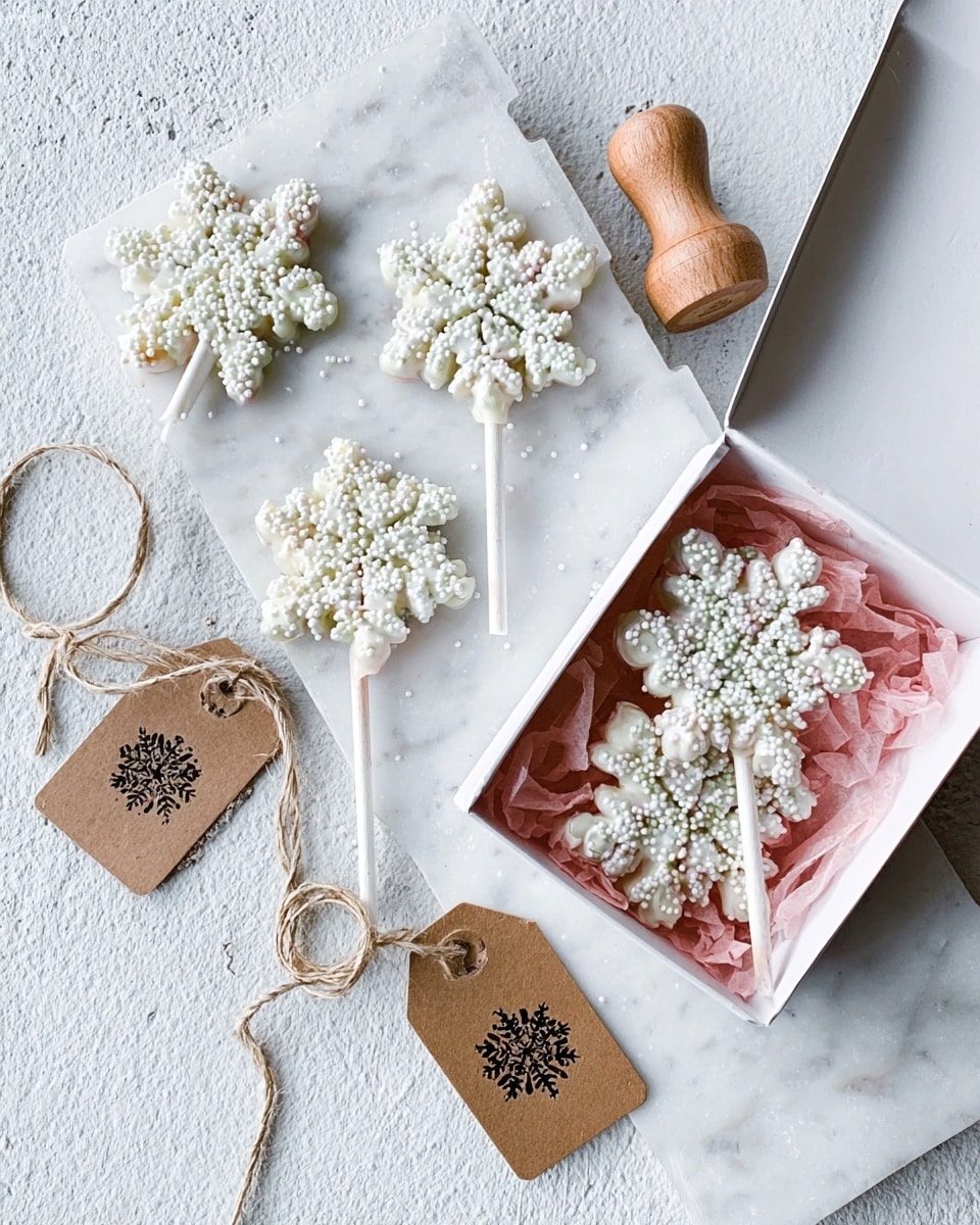 The image shows five white snowflake-shaped lollipops made of pretzels covered in white chocolate and sprinkled with small white nonpareils. Three lollipops lie on a white marbled surface with their sticks pointing down, while two rest inside an open small square box with pink tissue paper. Around the lollipops, there are three brown gift tags decorated with dark snowflake prints, two of which have strings attached. The scene is bright and simple, focusing on the delicate details of the frosted snowflake treats. photo taken with an iphone --ar 4:5 --v 7