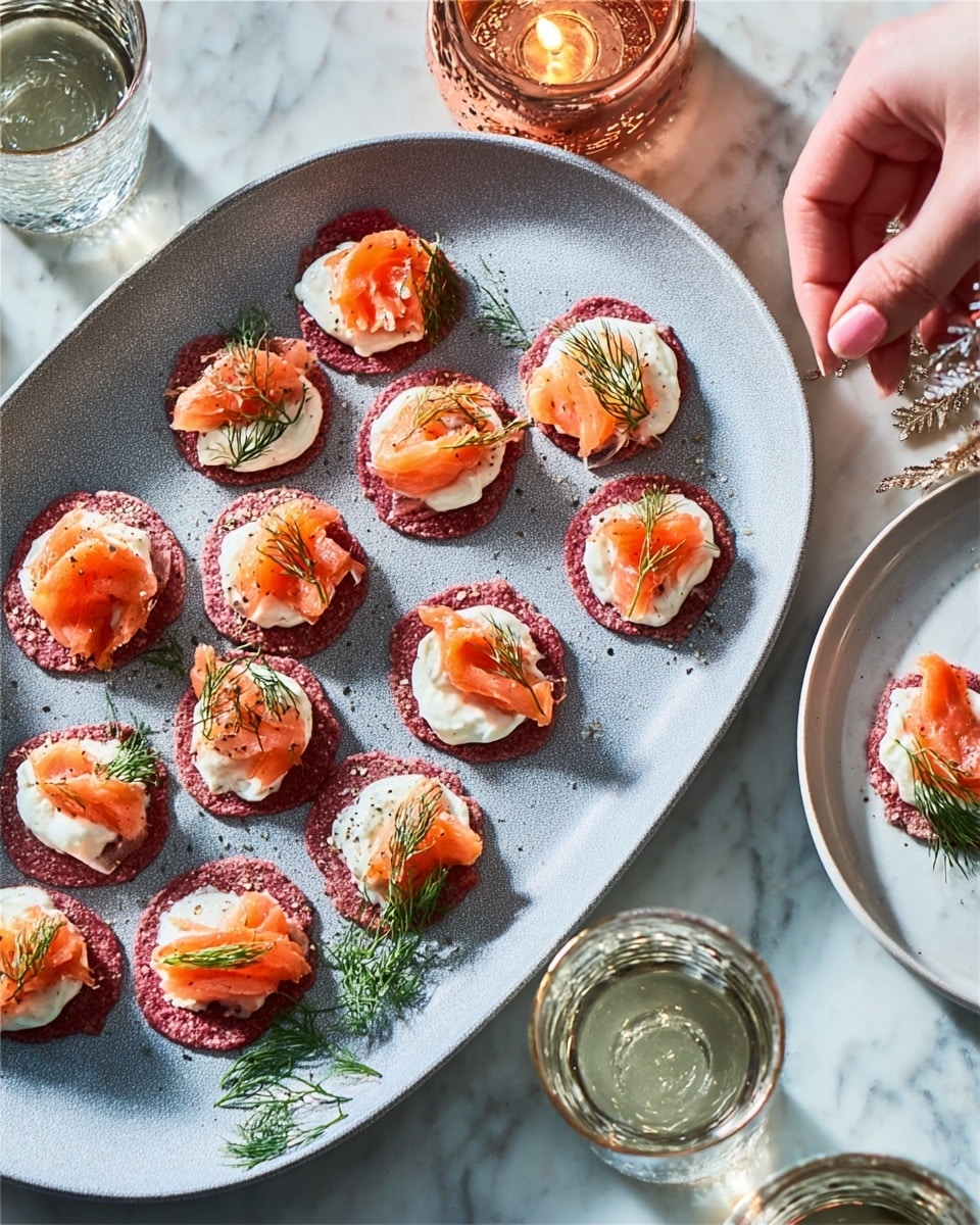 The image shows small round beetroot crackers topped with two different layers. The first layer is a dollop of white creamy sauce, smooth and thick, placed in the center of each cracker. The second layer varies: some have orange smoked salmon curls, while others have thin slices of white cheese. Each cracker is finished with a small green sprig of dill on top. The crackers are spread across a large white marbled plate and a white marbled surface, with a few crackers on another white marbled plate visible in the corner. A woman's hand is seen holding one few crackers on the left side, next to a glass of water and a small copper-colored bell. The background is gently lit with a cozy and soft atmosphere. photo taken with an iphone --ar 4:5 --v 7