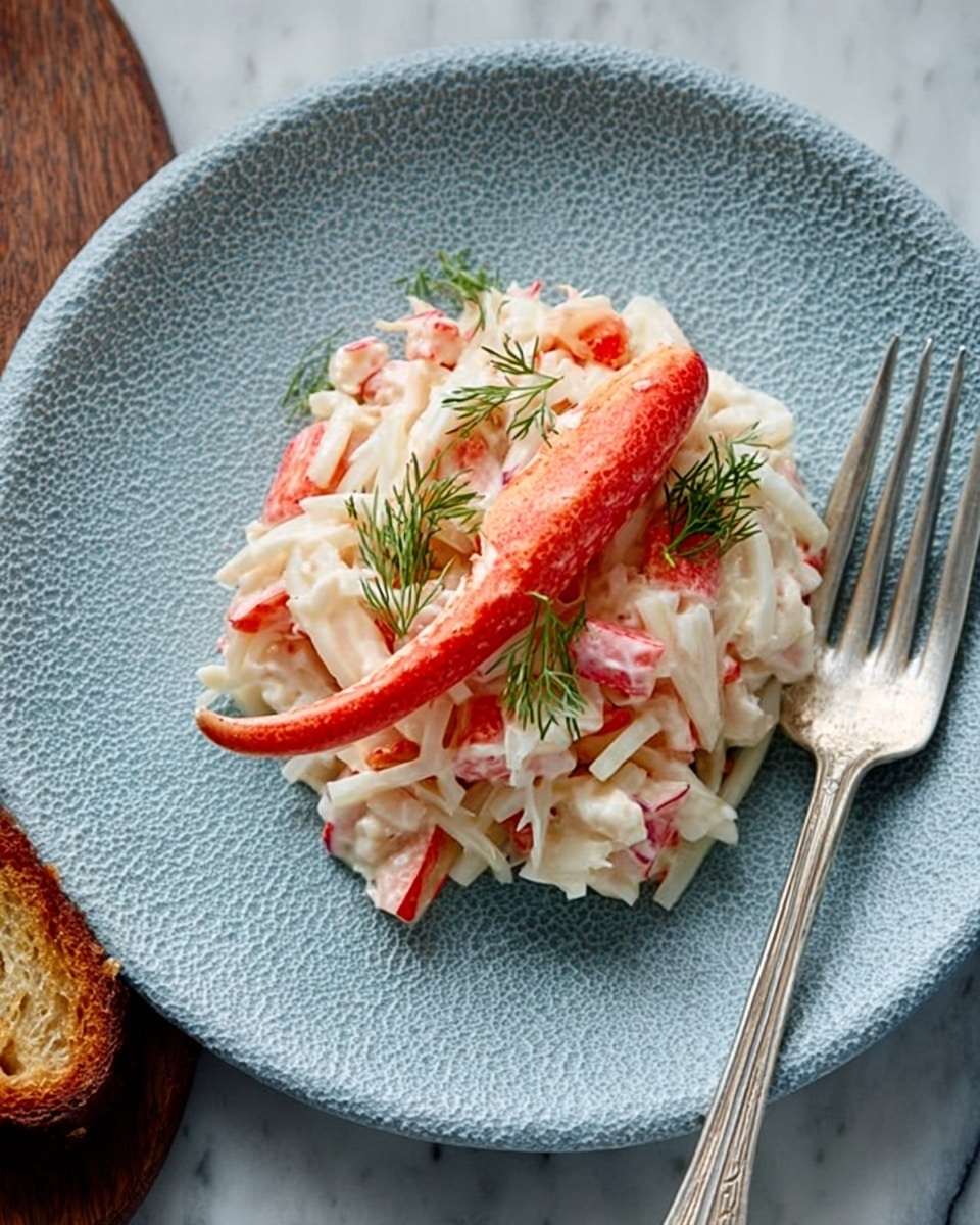 A light blue textured ceramic plate holds a small serving of a crab salad. The bottom layer is white crab meat mixed with thin white strips, possibly celery, creating a pale base. On top lies a curved piece of bright red crab claw shell and some pink crab meat chunks. Garnishing the salad are fresh green dill sprigs, adding a touch of color. A silver fork rests on the right edge of the plate. The plate is set on a white marbled surface with a piece of toasted bread on the lower left side. Photo taken with an iphone --ar 4:5 --v 7