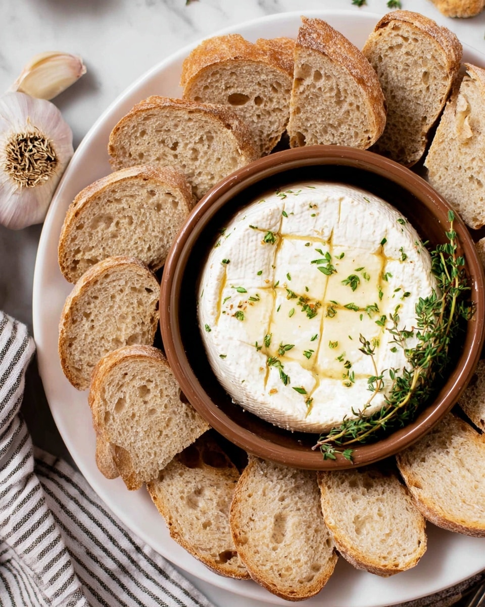 A round white plate with a wheel of creamy white baked cheese in a brown bowl at the center, the cheese surface has a light grid cut on top with small green herbs sprinkled across, and a sprig of fresh green thyme rests on the right side of the cheese. Around the bowl, there are thick slices of rustic brown whole grain bread forming a circle, showing soft, porous texture inside and a crunchy crust outside. The plate is set on a white marbled surface with a bit of a striped cloth in the upper left corner and a bulb of garlic at the lower left edge. photo taken with an iphone --ar 4:5 --v 7