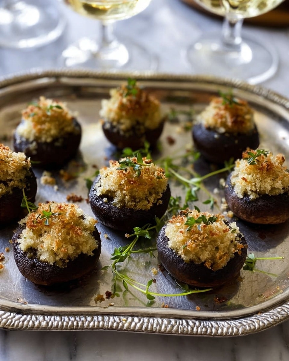 The image shows a silver tray holding about nine stuffed mushrooms arranged loosely. Each mushroom cap is dark brown and filled with a crumbly, light golden topping that looks crisp and toasted. Small sprigs of fresh green herbs are placed around the mushrooms, adding color contrast. The tray sits on a white marbled surface. The background has parts of wine glasses with clear white wine visible. photo taken with an iphone --ar 4:5 --v 7