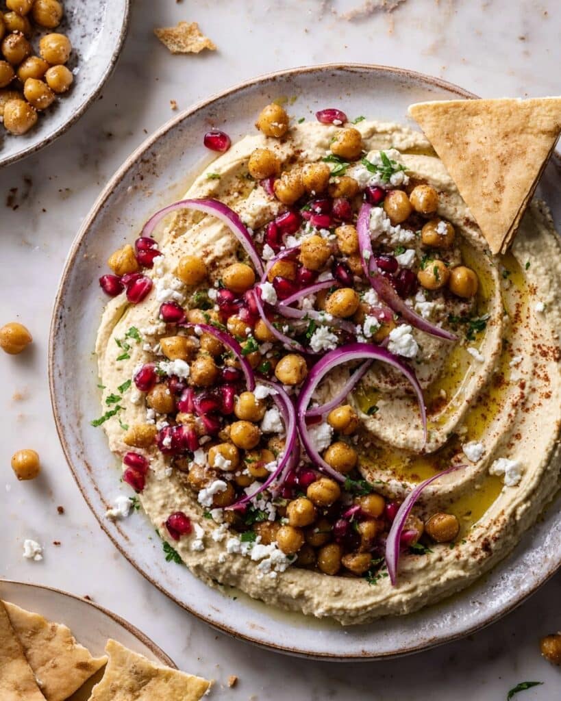 Loaded Hummus with Roasted Chickpeas, Red Onion, Parsley, Feta, and Pomegranate Seeds Recipe