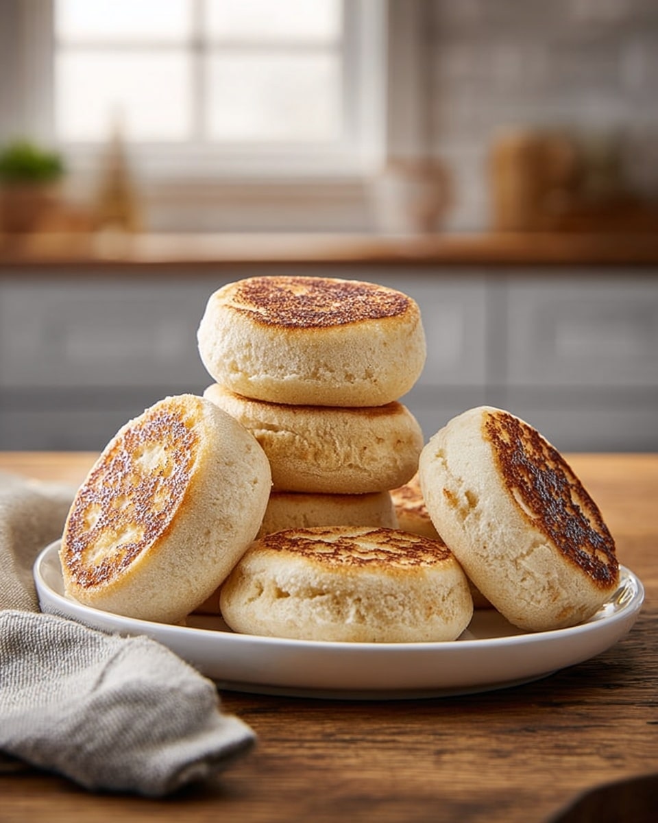 The image shows a stack of six English muffins on a white plate, placed on a wooden table; each muffin has a light golden brown toasted top with a slightly rough and crumbly texture, and soft beige sides with visible air pockets and slight cracks; the muffins are arranged with three at the bottom, two in the middle, and one on top, with one muffin leaning forward showing its toasted face clearly; in the background, there is a blurred kitchen scene with white cabinets and a window, and a light gray cloth is placed to the side on the table; photo taken with an iphone --ar 4:5 --v 7