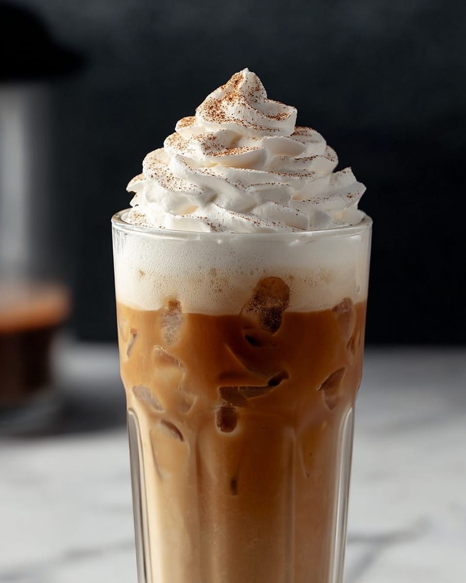 A tall clear glass filled with iced coffee showing a light brown liquid with ice cubes inside, topped with a thick layer of white whipped cream shaped in a swirl with a dusting of brown powder on top, all placed on a white marbled surface with a blurred dark background, photo taken with an iphone --ar 4:5 --v 7