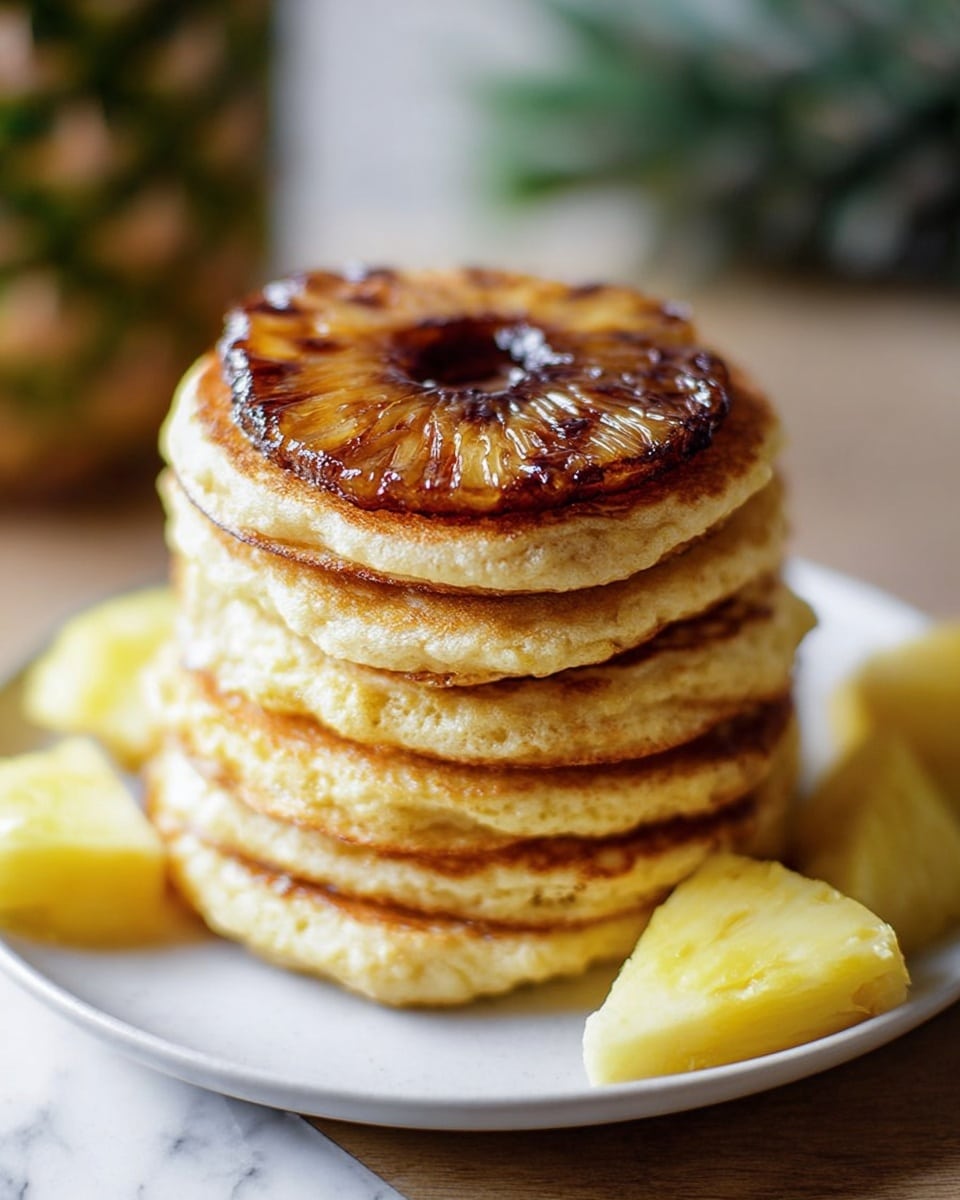 A stack of six thick golden brown pancakes is shown, with each pancake having a light fluffy texture and slightly crispy edges. The top pancake features a large, caramelized pineapple ring that is dark brown around the edges and lighter yellow in the center, adding a glossy appearance. The stack sits on a white plate on a white marbled texture surface, with small pieces of fresh pineapple placed nearby. The scene is softly lit with a blurred background, creating a warm and inviting feel. photo taken with an iphone --ar 4:5 --v 7