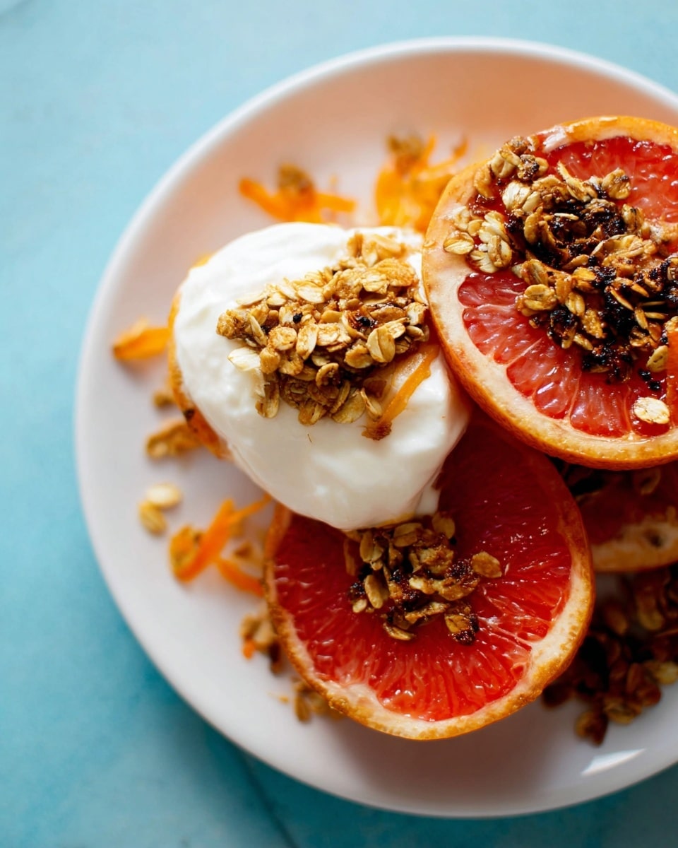 The image shows a white plate on a white marbled surface holding a halved grilled grapefruit, each half with three distinct layers: the bright reddish-pink fruit with a slightly charred texture on the bottom, a thick dollop of smooth white yogurt sitting on top of one half, and a crunchy granola topping with oats and small orange dried fruit pieces added over the yogurt and scattered on the plate around the grapefruit halves. Photo taken with an iphone --ar 4:5 --v 7