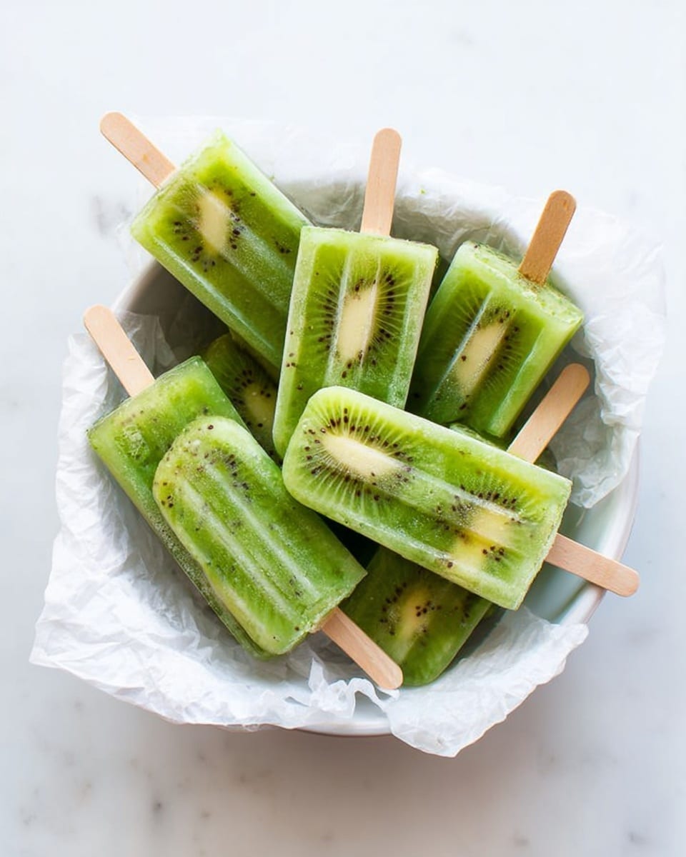 The image shows six green popsicles with visible pieces of kiwi and banana inside, giving a slightly textured, fresh look. Each popsicle is held by a light wooden stick and arranged in a white round container lined with crumpled white parchment paper. The popsicles are layered with translucent green ice mixed with light tan pieces of banana and small dark kiwi seeds, creating a natural, refreshing appearance. The whole scene sits on a white marbled surface. photo taken with an iphone --ar 4:5 --v 7