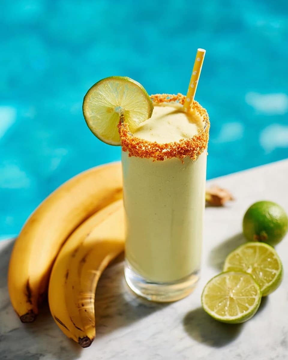 A tall clear glass filled with a creamy light green smoothie, topped with a thick frothy layer near the rim, which is coated with crunchy orange crumbs. A thin lime slice is placed on the rim, and a yellow-striped straw is inserted into the drink. To the left, a bunch of three ripe bananas rest on a white marbled surface. On the right side, a halved lime and two lime wedges are also placed on the white marbled surface. The background shows a soft blue pattern that suggests a pool or water texture. Photo taken with an iphone --ar 4:5 --v 7