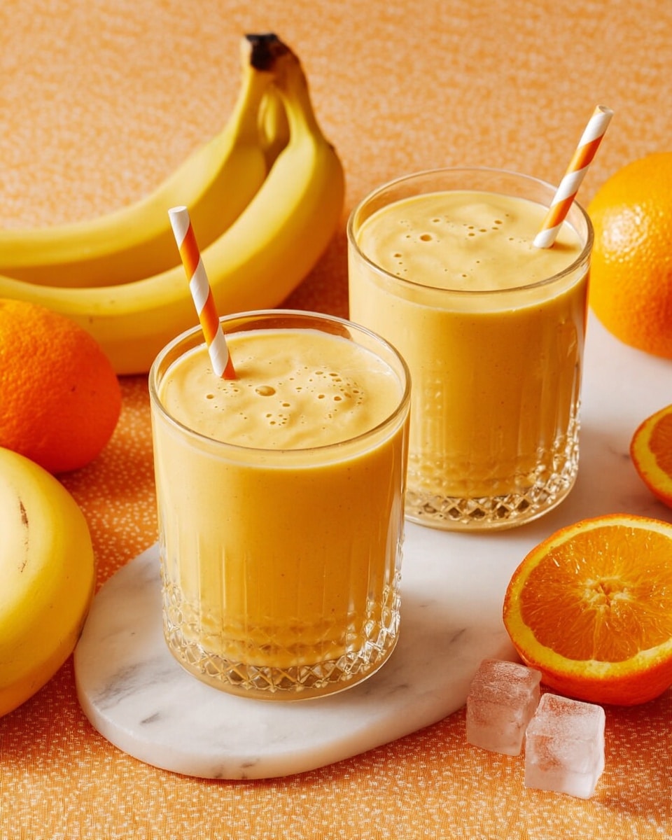 The image shows two clear glass cups filled with a smooth, creamy orange-yellow smoothie that has small bubbles on the surface; each glass holds a white and orange striped straw positioned near the rim. Around the glasses on the white marbled surface are two yellow bananas with dark tips, one whole orange, one sliced orange wedge revealing juicy bright orange flesh, and a partial view of ice cubes in the corner. The glasses have a textured diamond pattern near the base and sit among the fresh fruit on a warm, subtly patterned orange cloth beneath the white marbled texture. Photo taken with an iphone --ar 4:5 --v 7