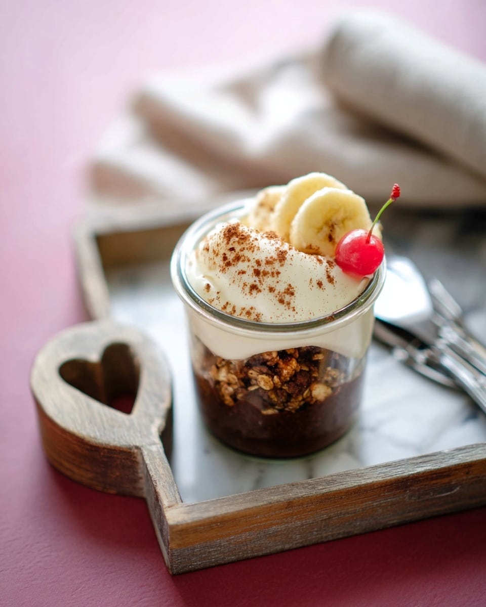 The image shows a small glass jar filled with a three-layer dessert placed on a white marbled textured surface. The bottom layer is dark brown, rich, and dense, likely a chocolate or cocoa base. Above it is a mixed layer of granola or crushed nuts with a crumbly texture. The top layer is creamy white yogurt or cream, soft and smooth, partially covering sliced banana pieces that are light yellow with a healthy sheen, sprinkled lightly with brown cinnamon powder. A single red cherry with a green stem rests on the cream near the edge. The jar is placed inside a rustic wooden tray with a heart-shaped cutout on one side. In the background, blurred utensils and a rolled-up beige cloth napkin are visible. photo taken with an iphone --ar 4:5 --v 7