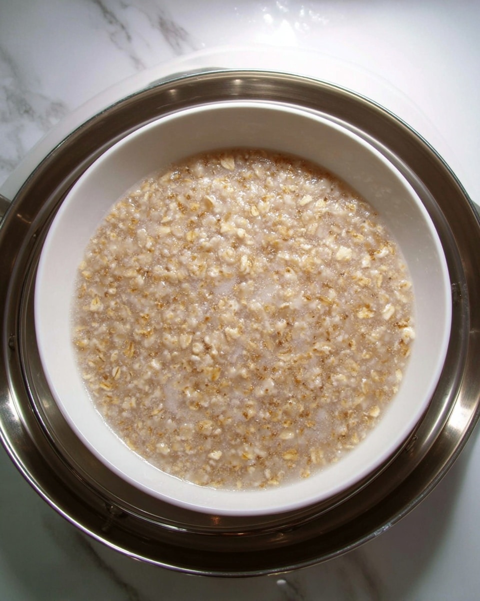 A close-up of a white bowl filled with one smooth, creamy layer of light brown oatmeal with visible grains and tiny bits of oats floating through the mixture, sitting inside a shiny metallic steamer with water droplets on the surface, all placed on a white marbled texture. photo taken with an iphone --ar 4:5 --v 7