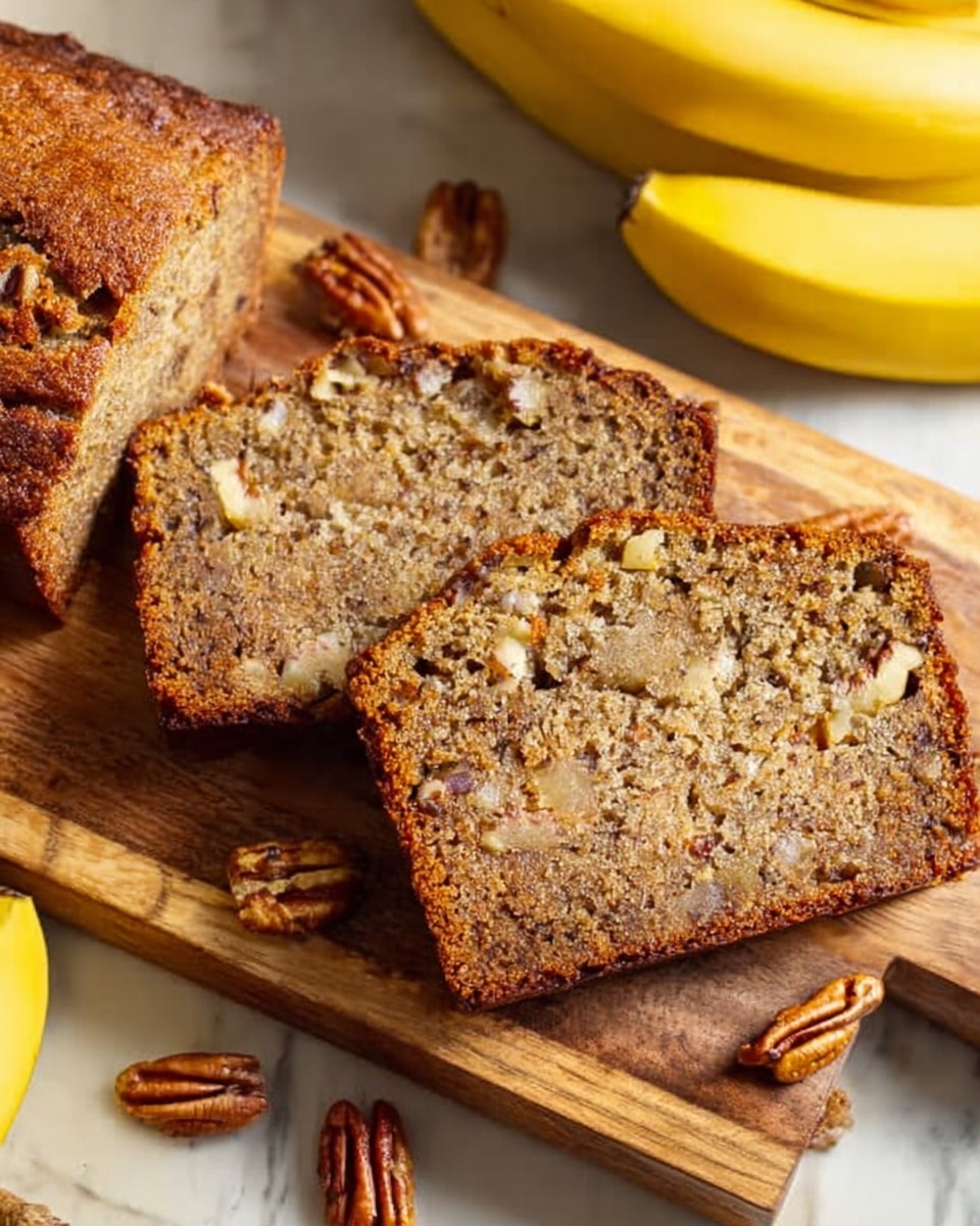 The image shows three slices of brown banana bread with a rough texture and small visible chunks of nuts inside each slice, placed on a wooden cutting board. Next to the slices is part of the remaining loaf with a crusty top. Around the cutting board, whole pieces of pecans and a bunch of yellow bananas are casually arranged. The background has a white marbled texture. Photo taken with an iphone --ar 4:5 --v 7