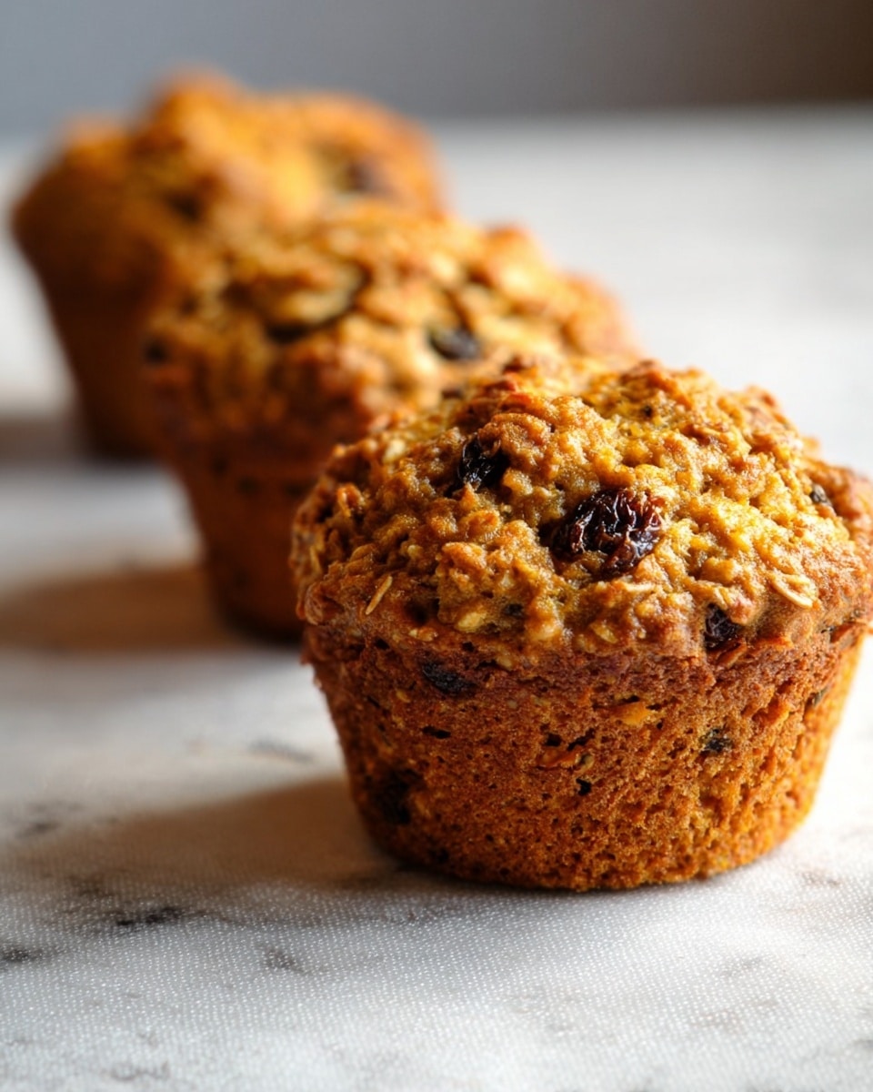 The image shows a close-up of a golden brown muffin with a rough, slightly crumbly top texture that appears studded with dark raisins and bits of oats. The muffin's body has a warm, slightly darker baked color, showing some texture and irregularities that hint at a moist inside. Three muffins are placed in a row on a white marbled textured surface, with the closest one in clear focus and the others softly blurred in the background. The lighting is natural, highlighting the muffin's texture and colors. photo taken with an iphone --ar 4:5 --v 7