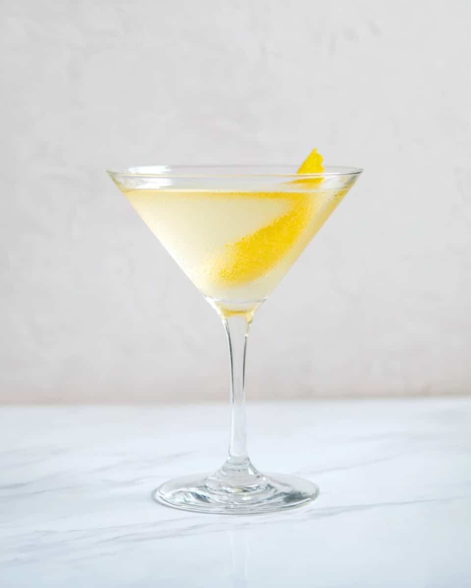 A clear martini glass filled with a pale yellow cocktail, showing a smooth, slightly frosted texture on the glass surface that suggests coldness. Inside the drink, a thin, bright yellow lemon peel twists gently around the inside rim and floats near the top, adding a fresh tone. The glass itself is simple and clear, with a thin stem centered on a white marbled surface, all set against a plain white marbled background. photo taken with an iphone --ar 4:5 --v 7