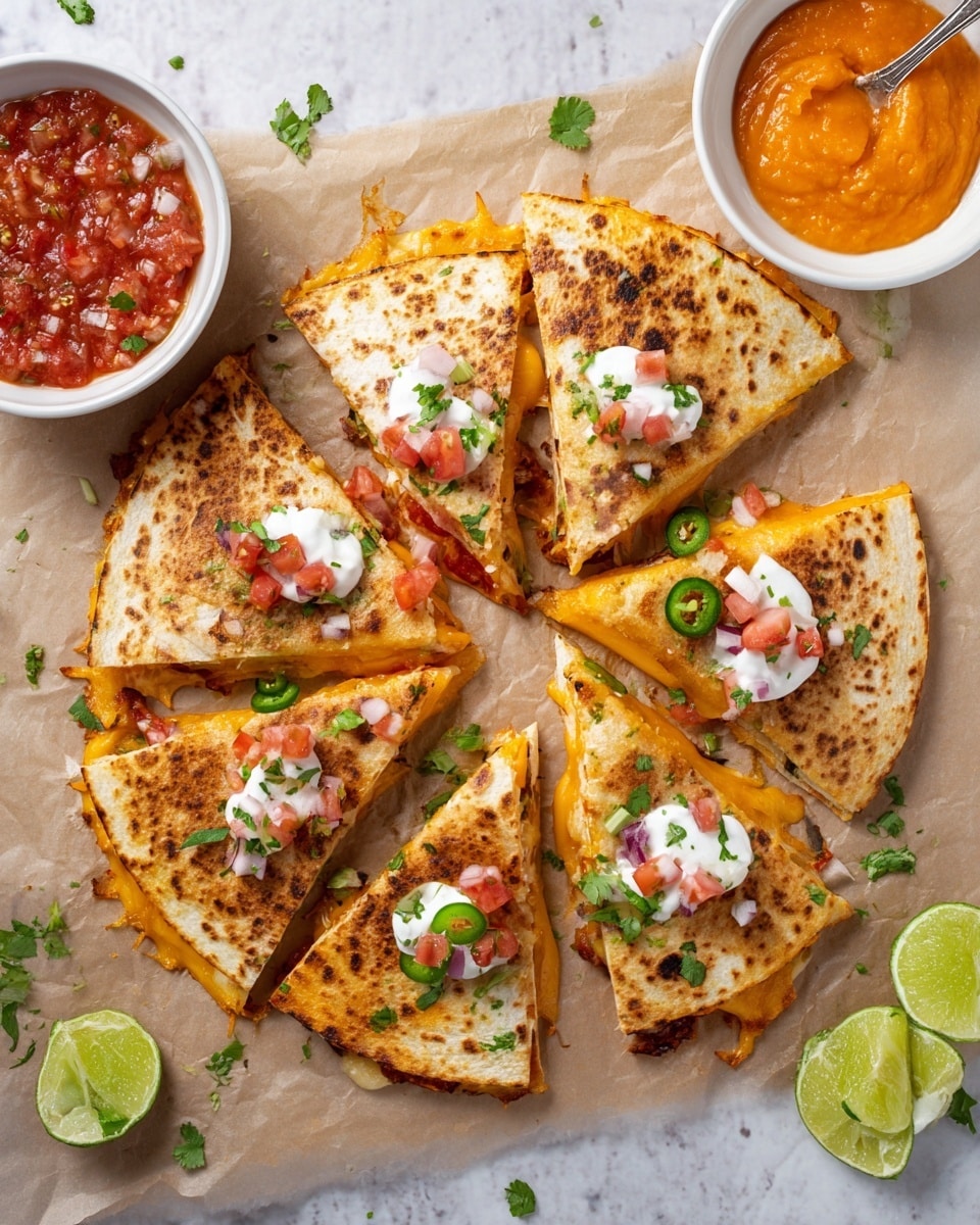 A quesadilla is sliced into eight triangular pieces, placed on a sheet of brown parchment paper over a white marbled surface. Each piece shows a golden-brown tortilla with some darker spots from cooking, and between the two layers is a melted, bright orange cheese layer. The quesadilla is garnished with small dollops of white sour cream, red diced tomatoes, finely chopped white onions, and slices of green jalapeño peppers, along with scattered green cilantro leaves. Two white bowls sit to the left of the quesadilla; one contains a chunky red salsa with visible tomato and onion pieces, and the other holds a thick, orange-colored sauce. To the right, there are lime wedges. The photo taken with an iphone --ar 4:5 --v 7