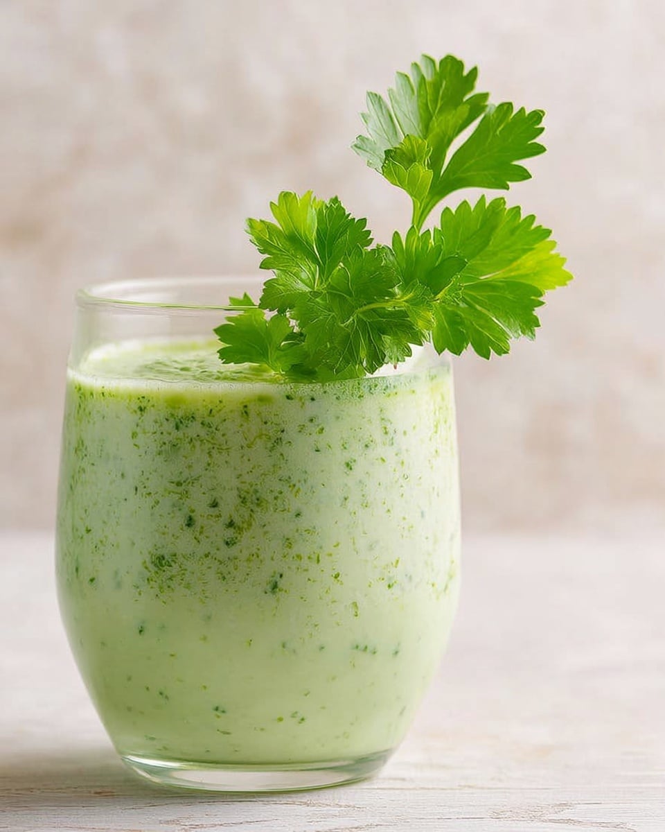 A clear glass filled with a light green creamy drink that has tiny darker green specks mixed throughout. On top of the drink, there are two fresh bright green parsley leaves standing up, adding a fresh touch. The glass is set against a soft white marbled texture background, giving it a clean and simple look. photo taken with an iphone --ar 4:5 --v 7