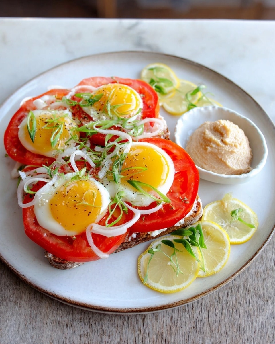 A white plate holds a sandwich arranged in multiple layers: the bottom layer is a slice of bread, topped with a layer of thick tomato slices in bright red, followed by thin rings of white onion placed evenly over the tomatoes. On top of the onions are three sunny-side-up eggs with bright yellow yolks and white, slightly cooked egg whites. The eggs are garnished with small, thin green slices of spring onions and some green herb leaves scattered over. To the side of the sandwich, there are three lemon slices decorated with green onion strands. Next to the plate on the white marbled surface, there is a small white dish filled with a thick beige spread. Photo taken with an iphone --ar 4:5 --v 7
