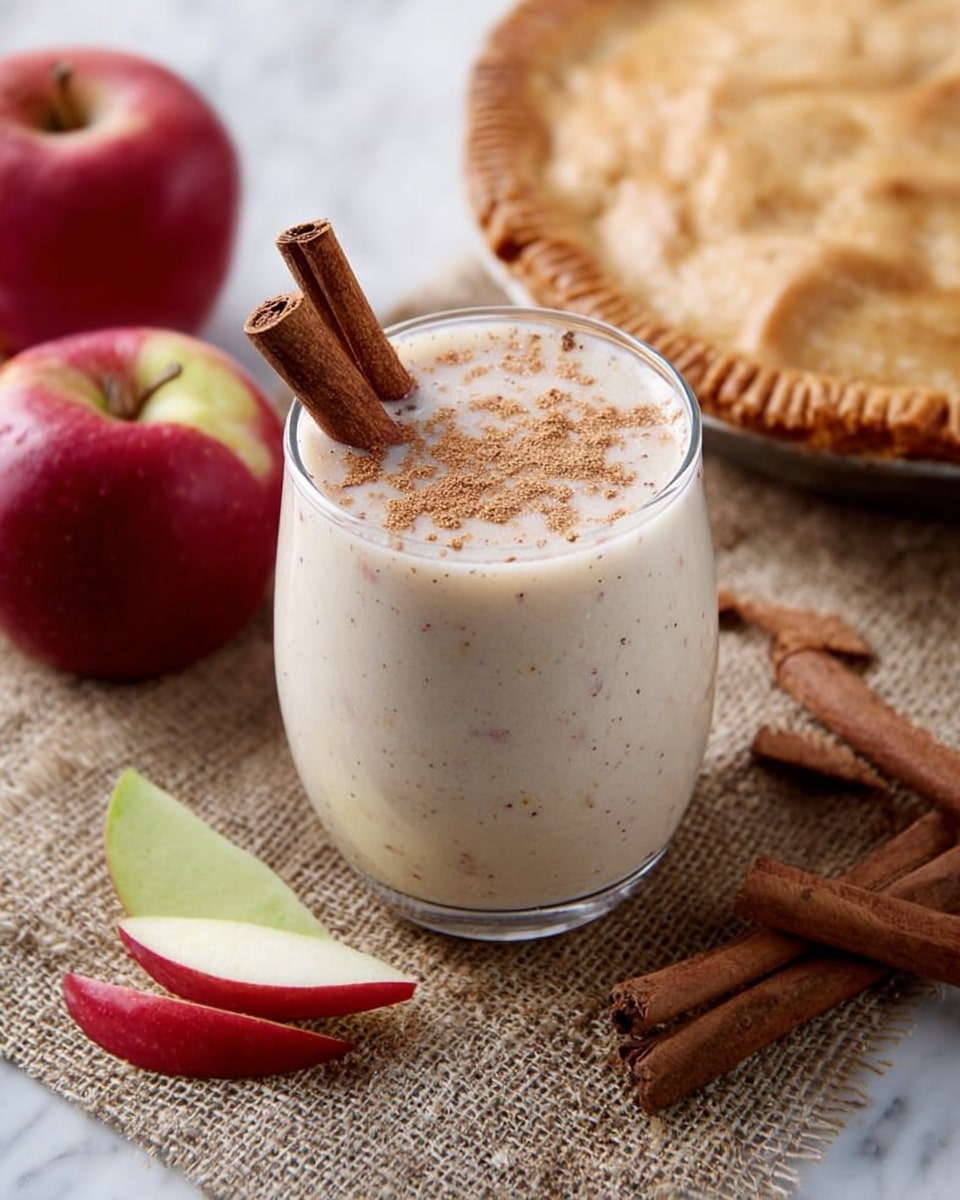 The image shows a clear glass filled with a creamy, light beige drink with tiny specks, topped with a sprinkling of cinnamon powder. Inside the glass, two cinnamon sticks stand upright, and a small red apple slice rests on the rim. Around the glass, there are whole cinnamon sticks and red and green apple slices placed on a coarse brown fabric. Behind the glass, a golden-brown baked pie with a textured crust sits partially visible. The scene is set on a white marbled surface. photo taken with an iphone --ar 4:5 --v 7