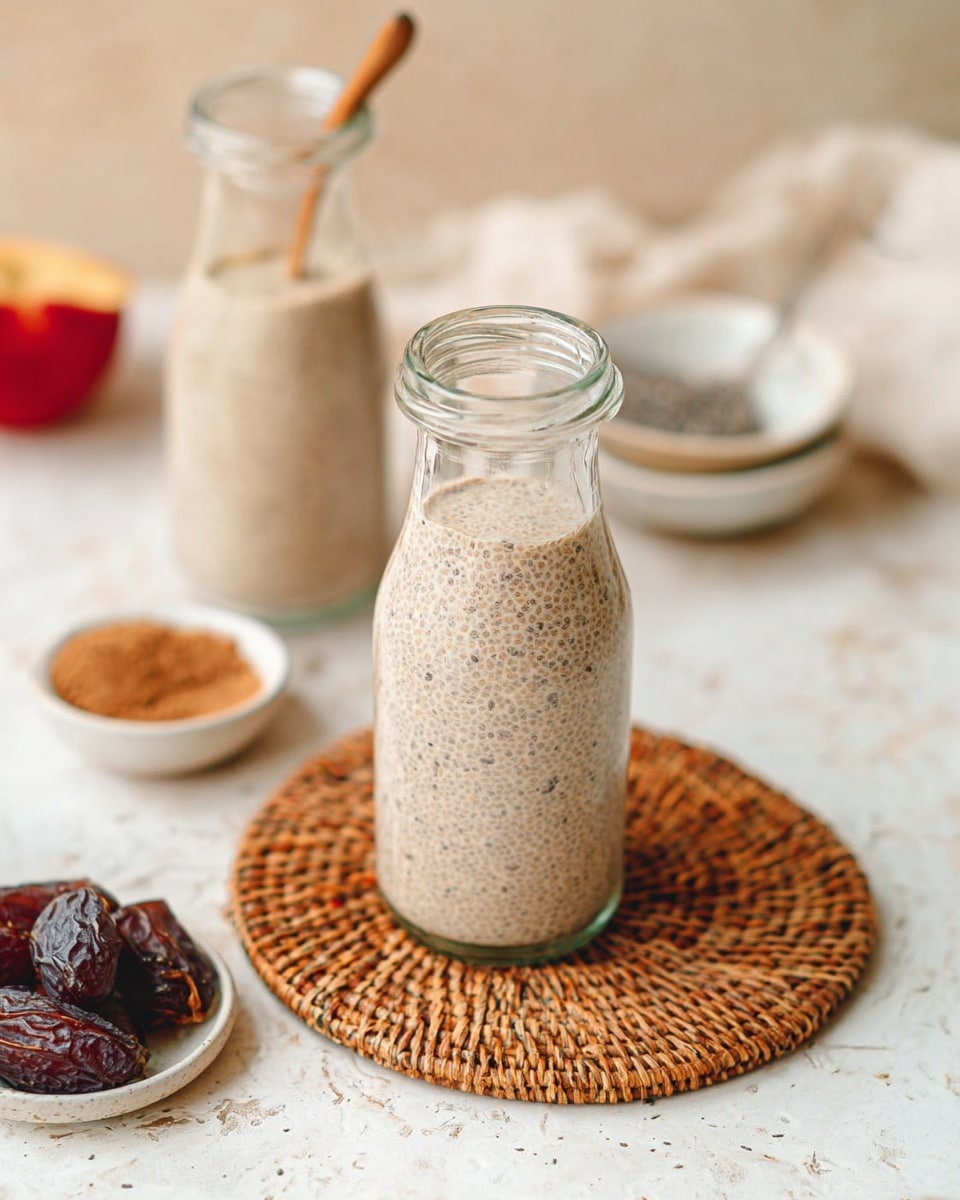 A small clear glass bottle filled to the top with a thick, light beige chia pudding speckled with tiny dark chia seeds; the bottle is placed on a round woven straw coaster that shows a natural light brown texture and pattern. Behind it, there is another similar glass bottle with more chia pudding and a wooden spoon inside. Around the bottles, there are small white bowls stacked with ground cinnamon powder and the corner of a red apple slice is visible on the white marbled surface. On the left side at the bottom, dark brown dates are placed on the white marbled surface, adding contrast. The overall scene is softly lit with a calm, natural look. photo taken with an iphone --ar 4:5 --v 7