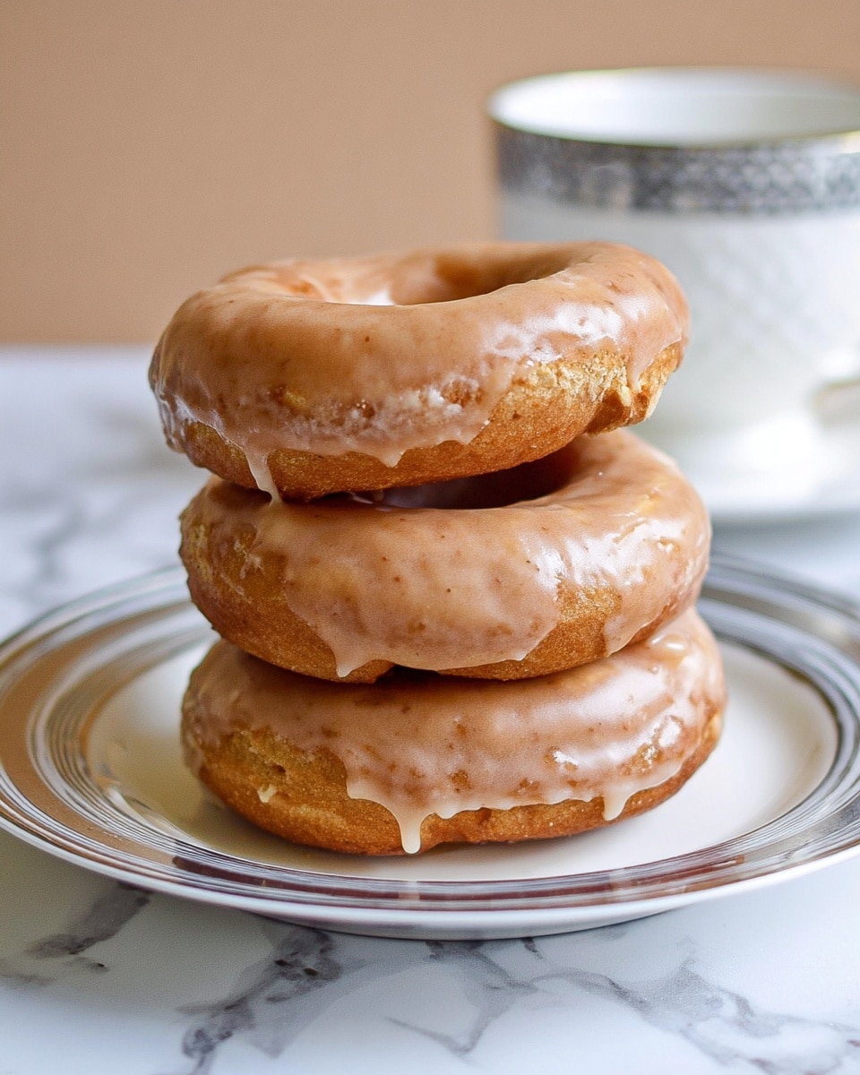 A stack of four glazed donuts is placed in the center of a white plate with a silver rim, each donut having a light brown, slightly shiny glaze that drips unevenly down the sides. The donuts are thick and soft-looking, with the glaze adding a smooth texture on top. Behind the plate, slightly blurred, is a white cup with a silver rim that matches the plate. The whole setting is on a white marbled surface, creating a clean and simple background. photo taken with an iphone --ar 4:5 --v 7