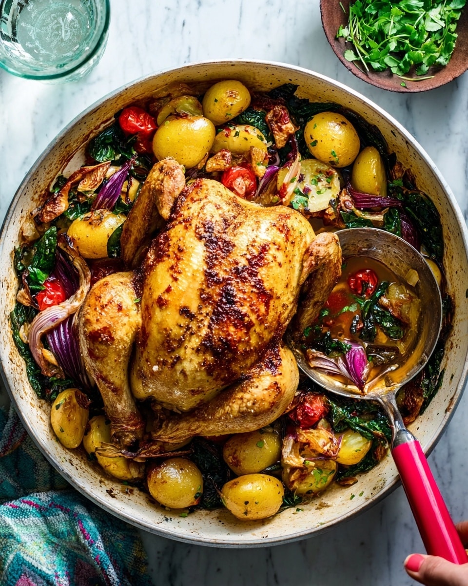 A large, golden-brown roasted whole chicken sits in the center of a round white pan, surrounded by a colorful mix of vegetables. The first layer in the pan consists of soft small potatoes with yellow skin, wilted dark green leafy vegetables, and charred red onion slices spread evenly around the chicken. Scattered roasted tomatoes add a splash of red and subtle texture contrast. A woman's hand holds a large ladle with a red handle dipping into the pan, highlighting the juicy and caramelized surface of the chicken and vegetables. The background features a white marbled surface, with a glass of water and a small bowl of fresh green herbs partially visible. Photo taken with an iphone --ar 4:5 --v 7