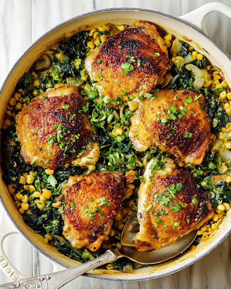 A white enameled round pan filled with four golden-brown cooked chicken thighs placed on top of a bed of creamy small pasta pearls and dark green cooked leafy vegetables, sprinkled with chopped fresh green herbs. A large silver spoon rests inside the pan on the right side, slightly lifting one chicken piece. The pan sits on a white marbled surface with a small corner of a white cloth visible. The colors show warm golden chicken skin, pale yellow pasta, deep green leaves, and bright green herb garnish, creating a fresh and hearty look. photo taken with an iphone --ar 4:5 --v 7