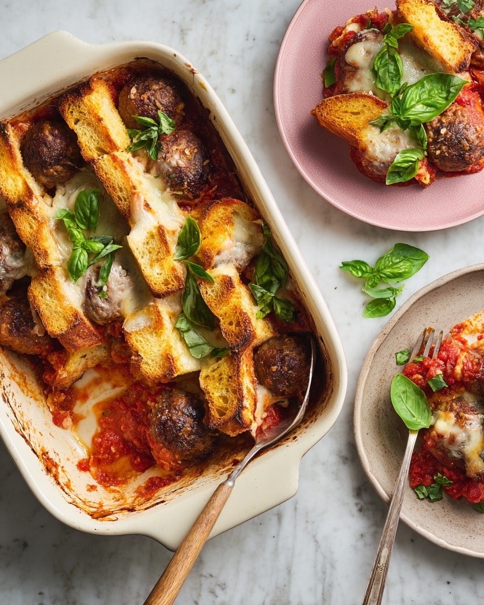 The image shows a white rectangular baking dish filled with layered baked meatball, bread, melted white cheese, and chunky red tomato sauce. The dish has about four layers visible: bottom layer is thick red tomato sauce with meatballs, then slices of golden brown toasted bread standing up, with melted white cheese oozing over the bread and meatballs, topped with fresh green basil leaves. To the right, a white plate holds a serving of the same dish, showing round browned meatballs, melted cheese, and slices of toasted bread covered in tomato sauce. A fork with a wooden handle rests on the plate. In the top right corner, a wooden bowl contains mixed green and dark purple leafy salad with a light dressing. The scene sits on a white marbled surface, with a few basil leaves scattered around. Photo taken with an iphone --ar 4:5 --v 7