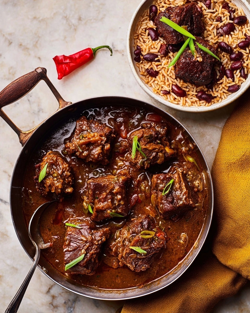 A large black pan holds seven pieces of dark brown meat covered with thick, glossy brown sauce, scattered with bright green scallions and one red chili pepper on the left side; a metal spoon rests inside the pan. Above the pan, a white bowl contains a bed of reddish-brown rice mixed with dark red kidney beans, topped with four chunks of the same dark brown meat and garnished with a single green scallion. Both dishes sit on a white marbled surface, with a folded mustard-yellow cloth partially under the pan's left handle. Photo taken with an iphone --ar 4:5 --v 7