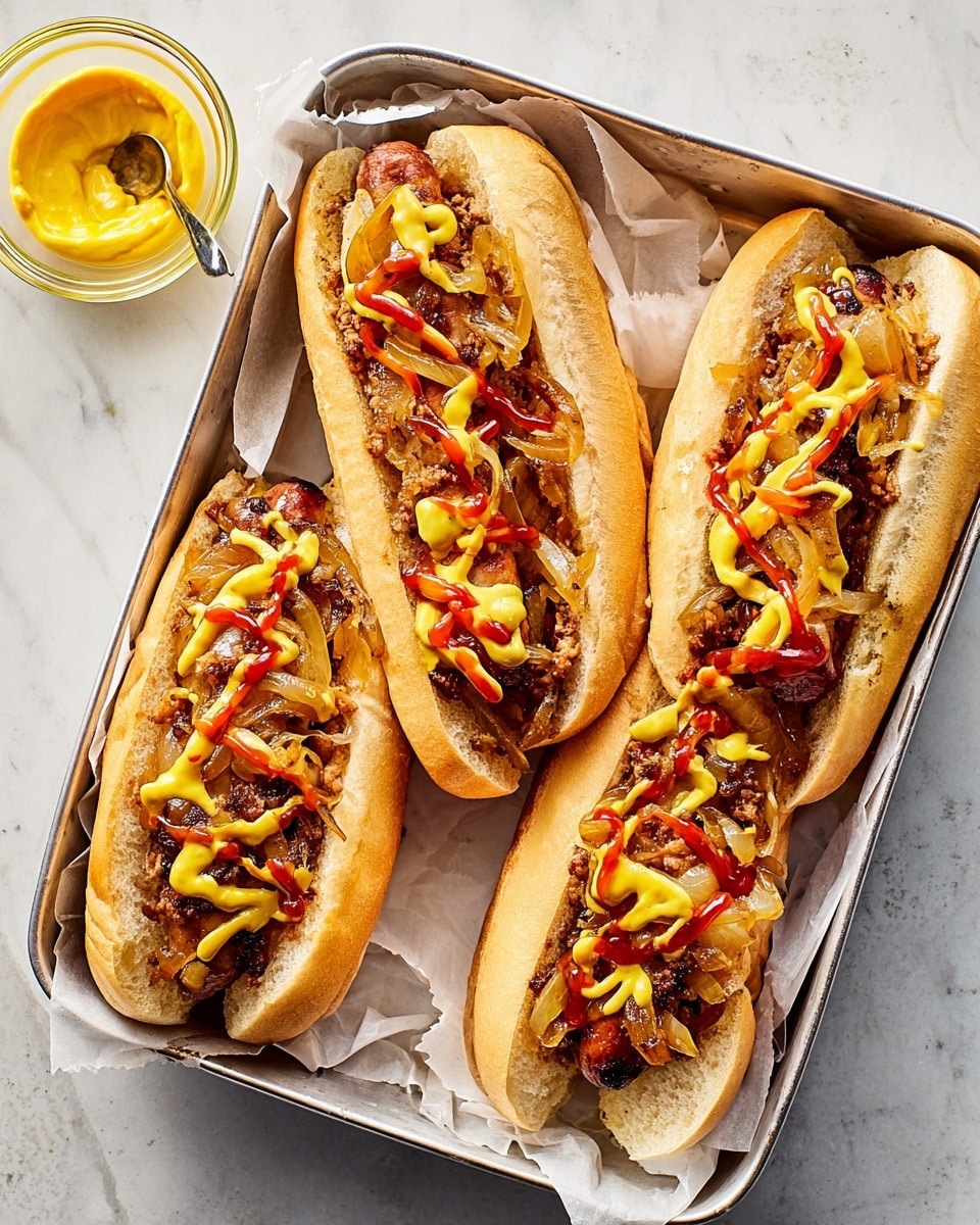 Three hot dogs sit side by side in a rectangular metal tray lined with white paper. Each hot dog has a soft light brown bun holding a sausage topped with melted cheese that is creamy and yellow. On top of the cheese, there are small pieces of cooked onions and red bell peppers, adding orange and brown colors. Mustard is drizzled over each hot dog in thin streams, bright yellow in color. The tray is placed on a white marbled surface, and a clear small bowl filled with mustard sits nearby. Photo taken with an iphone --ar 4:5 --v 7