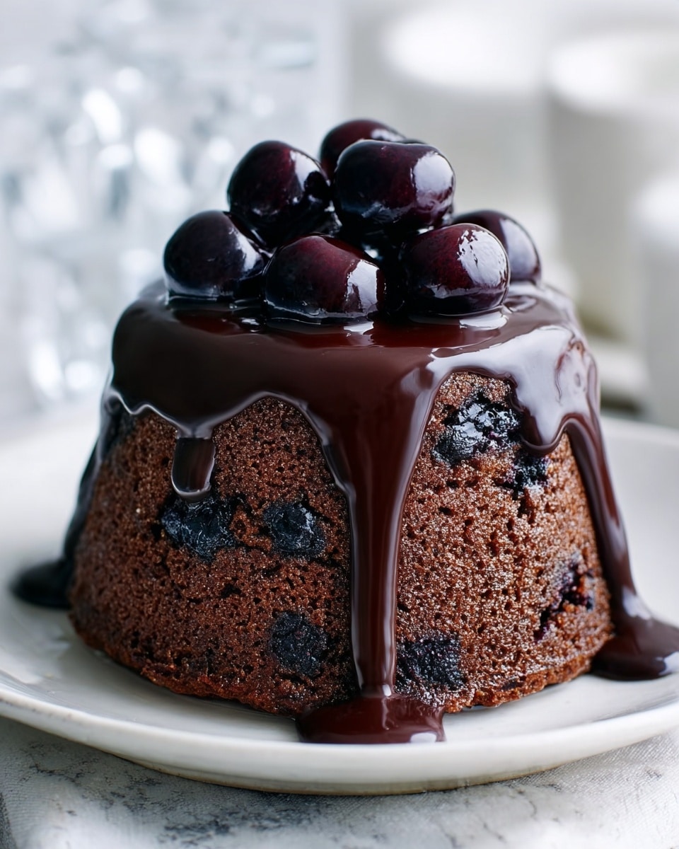 A small round chocolate cake sits on a white plate with a slightly raised edge, placed on a white marbled surface. The cake is dense and dark brown with visible darker spots of berries inside. It is topped with a thick layer of smooth chocolate glaze that drips down the sides unevenly. On top of the glaze, there is a cluster of shiny dark cherries with stems, arranged neatly in the center. In the background, blurred white cups add to the soft lighting and simple setting. photo taken with an iphone --ar 4:5 --v 7