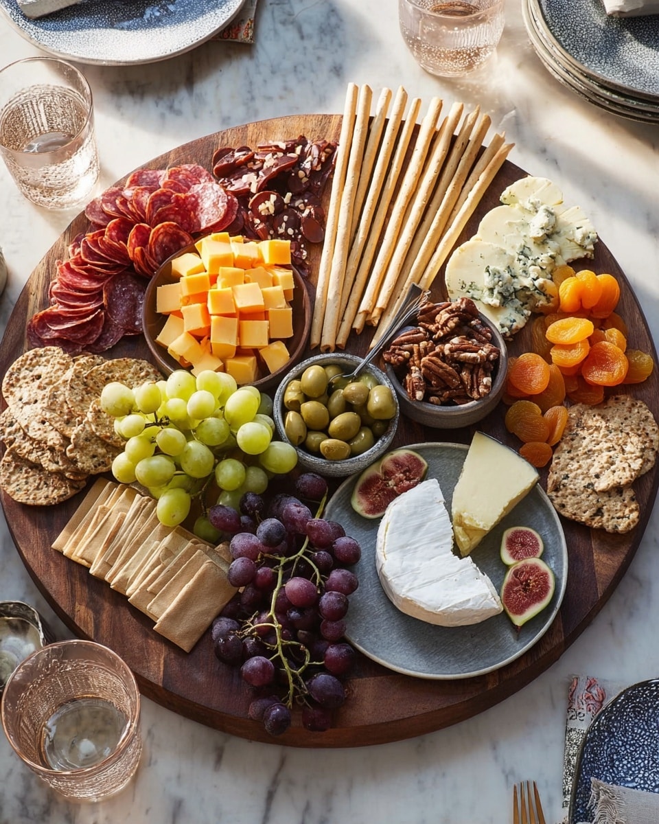 A large round wooden board holds a colorful charcuterie platter arranged in a balanced way. At the top left, thin slices of red cured meats lay folded next to beige breadsticks. Below, bright orange cheddar cheese cubes and a small bowl of shiny green olives create vibrant color spots. In the middle, a gray plate holds a round white cheese with a wedge cut out, surrounded by small purple grapes and cut open fresh figs revealing deep red centers. On the right side, there are several types of nuts scattered beside dried apricots and light green grapes. A piece of pale blue-veined cheese and slices of brown seeded crackers stack nearby. Long beige breadsticks cross over the crackers. The background is a white marbled surface, with drinking glasses and other small plates visible. photo taken with an iphone --ar 4:5 --v 7