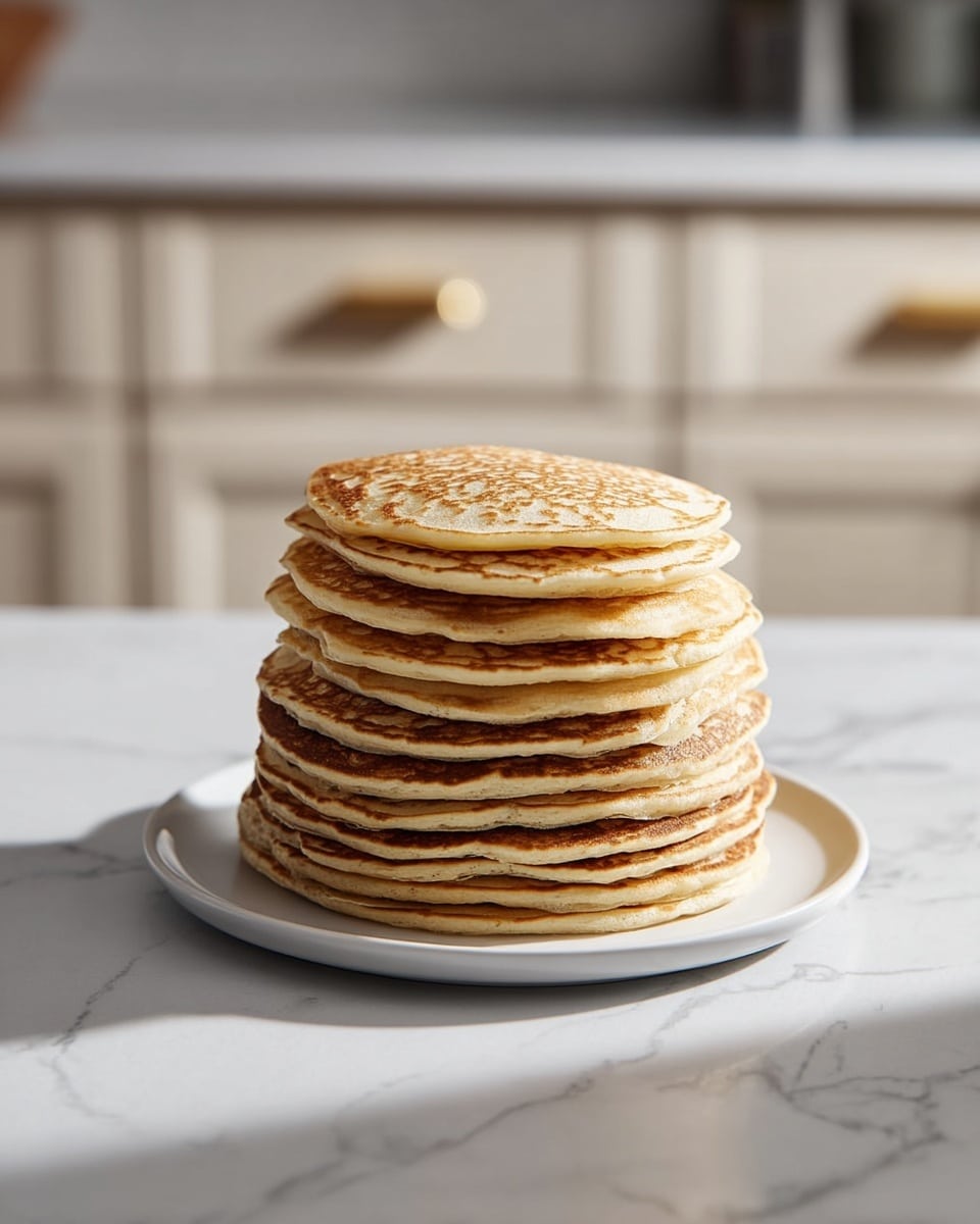 A tall stack of twelve golden brown pancakes sits neatly on a simple white plate. Each pancake is perfectly round with a slightly darker browned pattern on top, showing a soft, fluffy texture. The edges of the pancakes are light and evenly cooked, and the stack is centered on a white marbled countertop. The background is blurred but shows muted kitchen cabinets and utensils, giving a warm homey feel. photo taken with an iphone --ar 4:5 --v 7