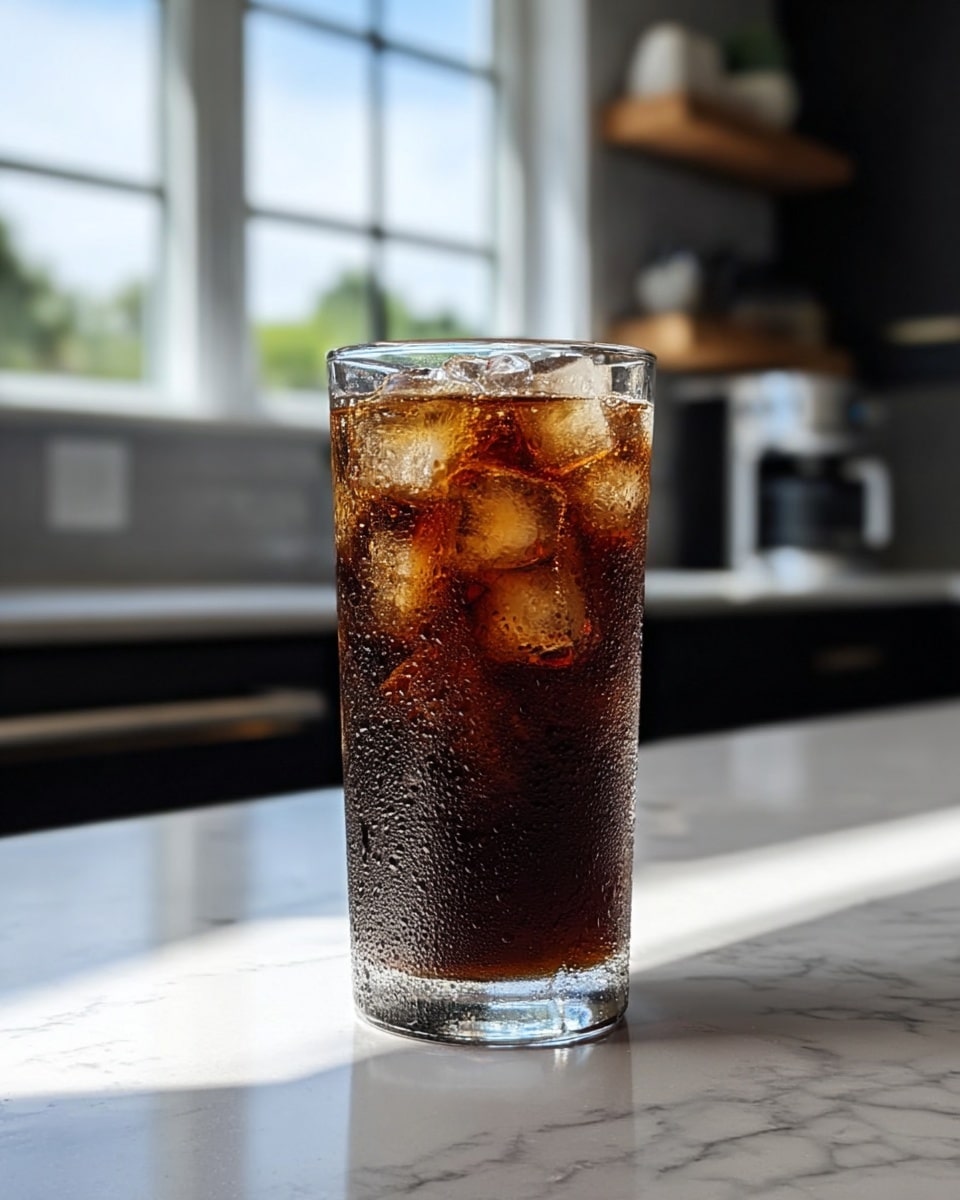 A tall clear glass filled with dark brown iced coffee and several translucent ice cubes floating throughout. The glass shows tiny water droplets on its surface, indicating coldness, and there is a small amount of condensation pooling at the base. The glass is placed on a white marbled countertop with sunlight casting a long shadow to the side. The background is blurred with kitchen elements and a window letting in natural light. Photo taken with an iphone --ar 4:5 --v 7