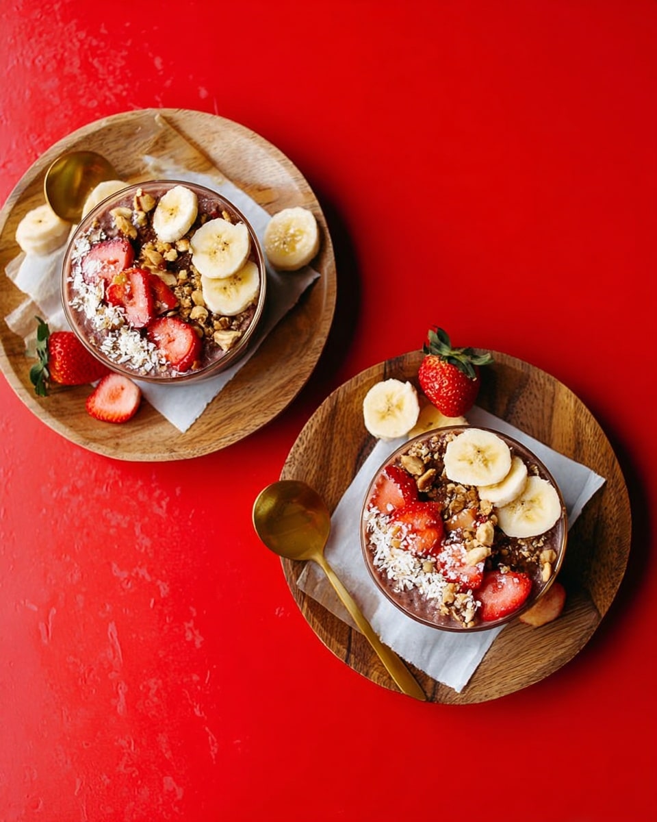 Two round wooden plates sit on a bright red surface with a white marbled texture. Each plate holds a small glass bowl filled with a three-layered mix: the bottom layer is a brown grainy texture, the middle is covered with red strawberry pieces and small white flakes, and the top layer has sliced banana rounds and crushed nuts sprinkled on top. Beside each bowl, there are banana slices placed on white parchment paper alongside a whole strawberry. One plate has a golden spoon lying next to the sliced bananas, and the other has a wooden spoon resting inside the bowl. photo taken with an iphone --ar 4:5 --v 7